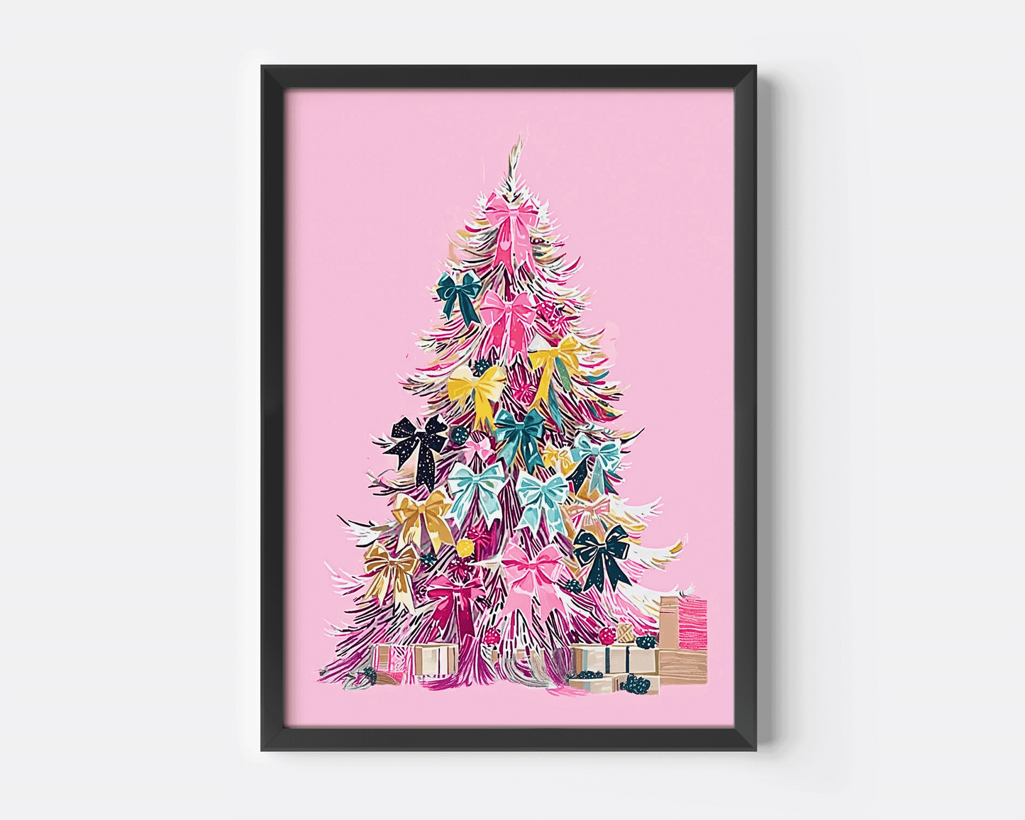 Pastel pink Christmas tree canvas wall art print with colorful ribbons, cheerful and modern holiday artwork, close-up with black frame