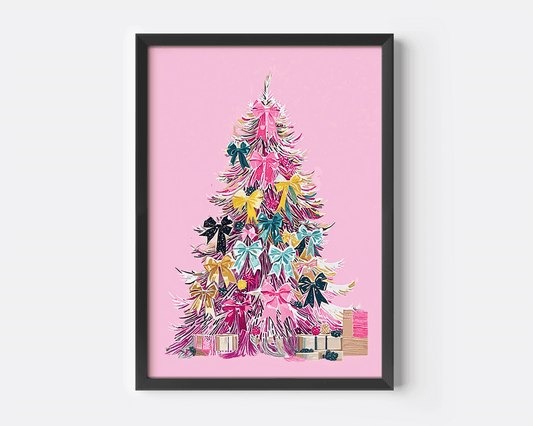 Pastel pink Christmas tree canvas wall art print with colorful ribbons, cheerful and modern holiday artwork, close-up with black frame
