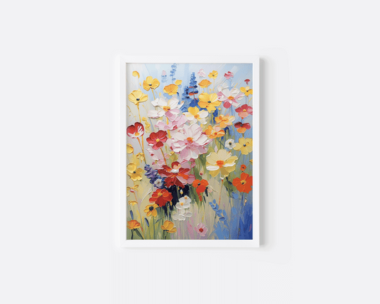 Colorful wildflower wall art print in a white frame with bold red, yellow, and pink flowers