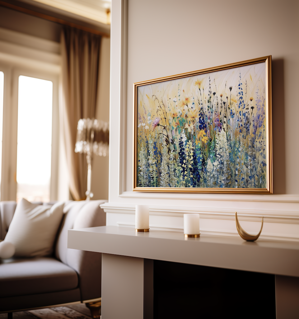 Colorful wildflower wall art framed canvas styled above fireplace mantel in modern living room