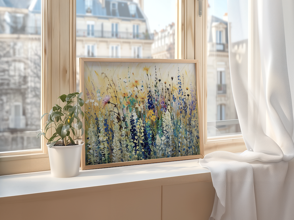 Framed colorful wildflower wall art on a windowsill with a view of buildings outside and natural light