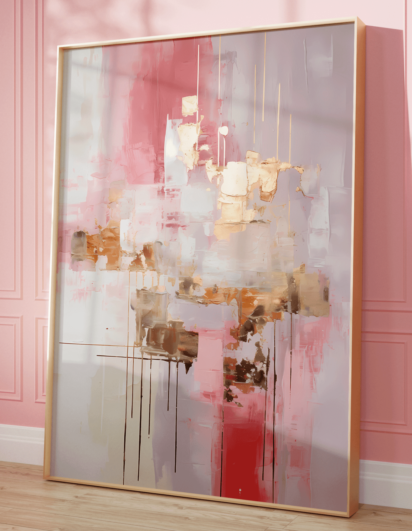 Contemporary abstract wall art with smooth blush pink and gold accents that look like foil, and creamy white featuring a gold frame. Faux texture with an oil-like painting style framed up against a pink wall on the floor.