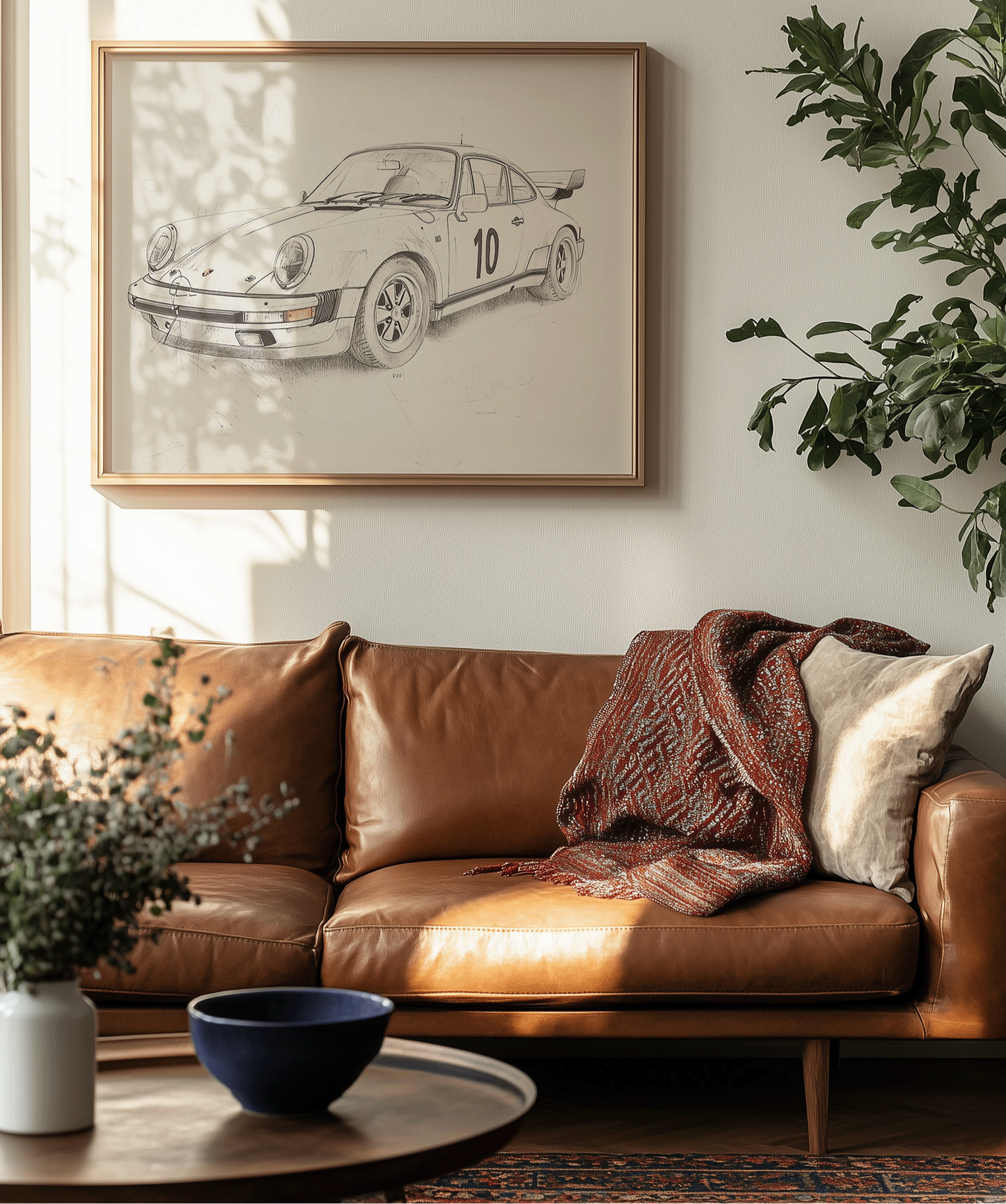 Framed sketch of a vintage Porsche car displayed above a tan leather couch in a modern living room