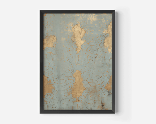 Cracked Blue & Gold Wall Art Print | Vintage Abstract Design - Buy Wall Art