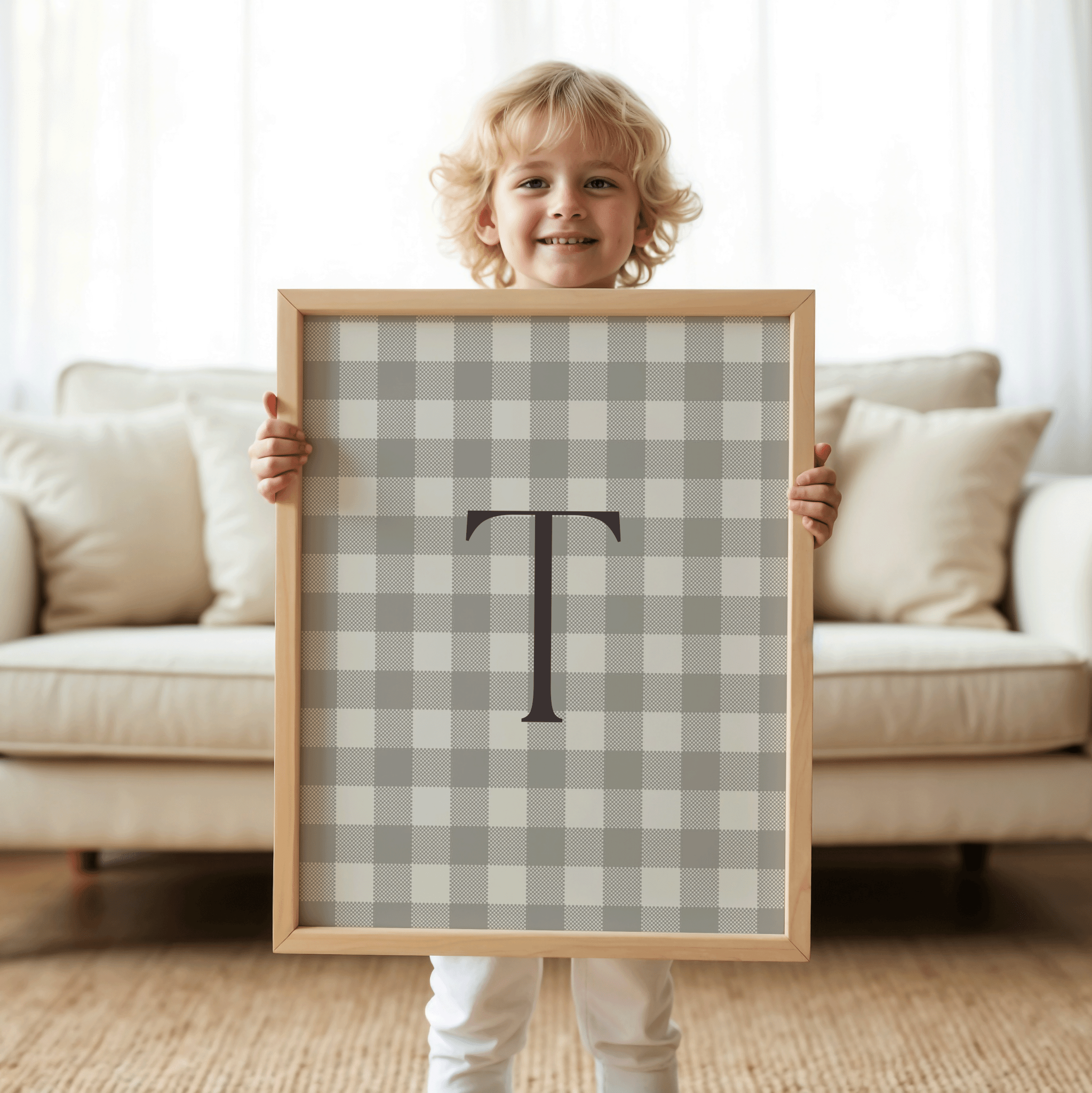 Custom Monogram Nursery Wall Art | Personalized Baby Initial Print in Neutral Gingham for Nursery Decor - Buy Wall Art