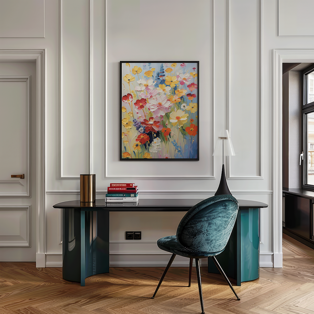 Floral canvas wall art print with colorful wildflowers styled above desk in home office