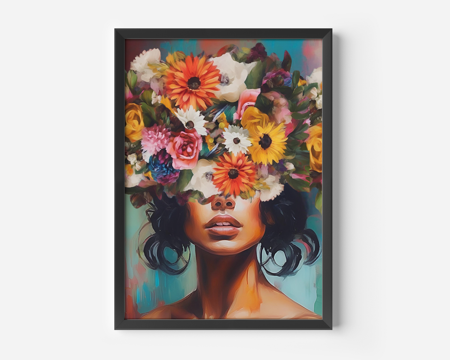 Closeup of colorful Flower Head Girl wall art portrait with vibrant florals in a black frame
