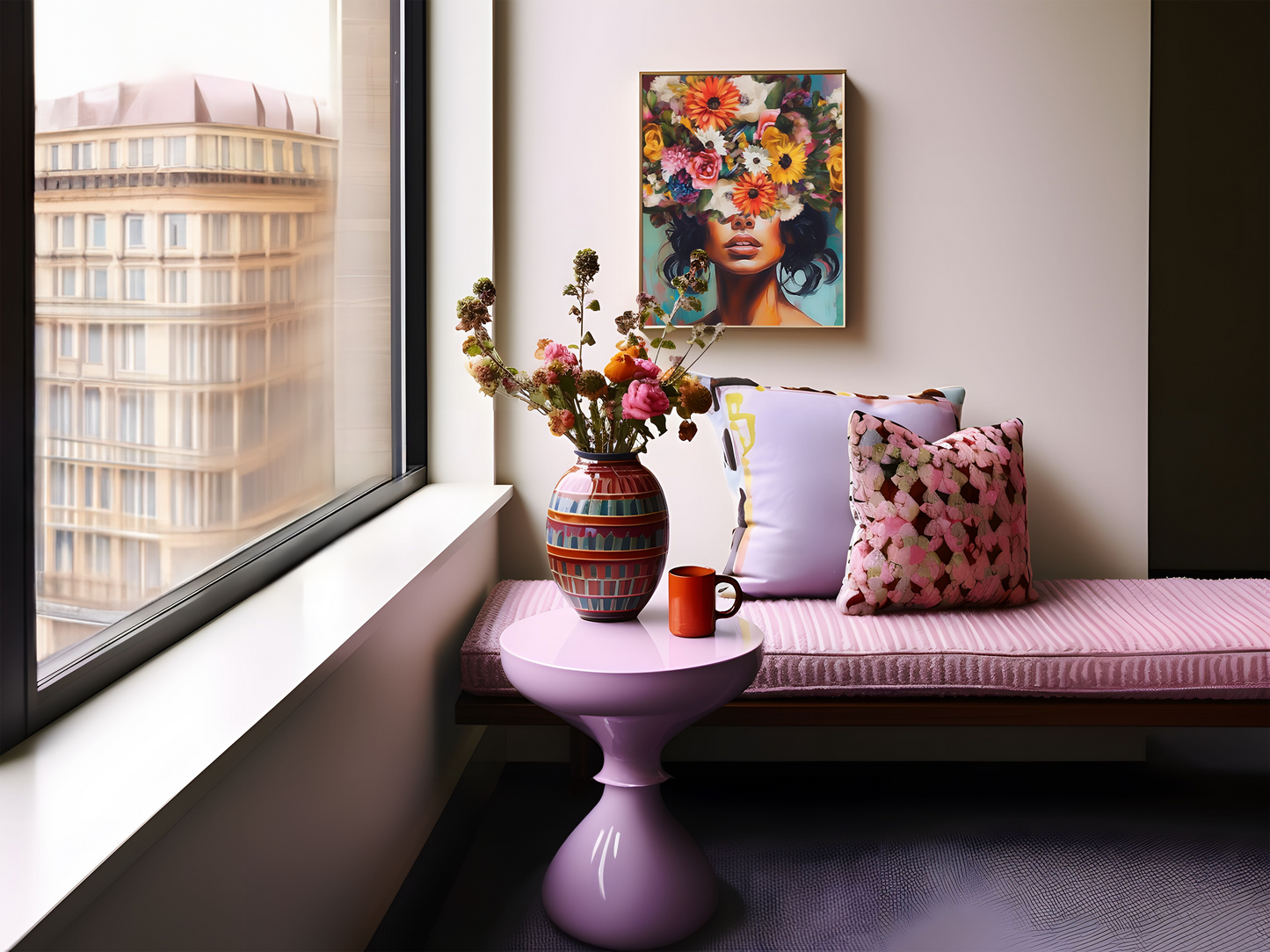 Funky colorful Flower Head Girl wall art styled above a pink bench with bold décor accents