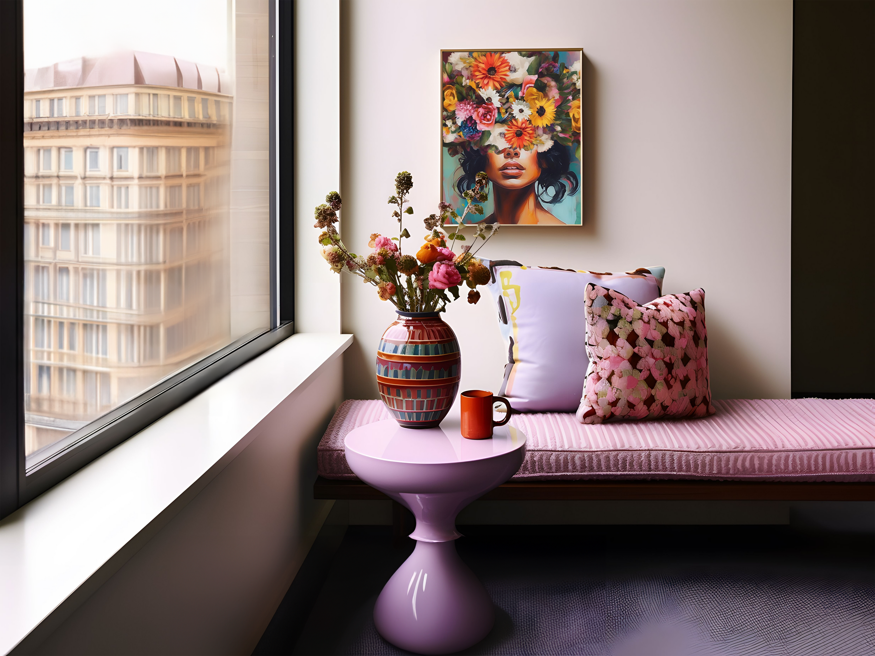 Funky colorful Flower Head Girl wall art styled above a pink bench with bold décor accents