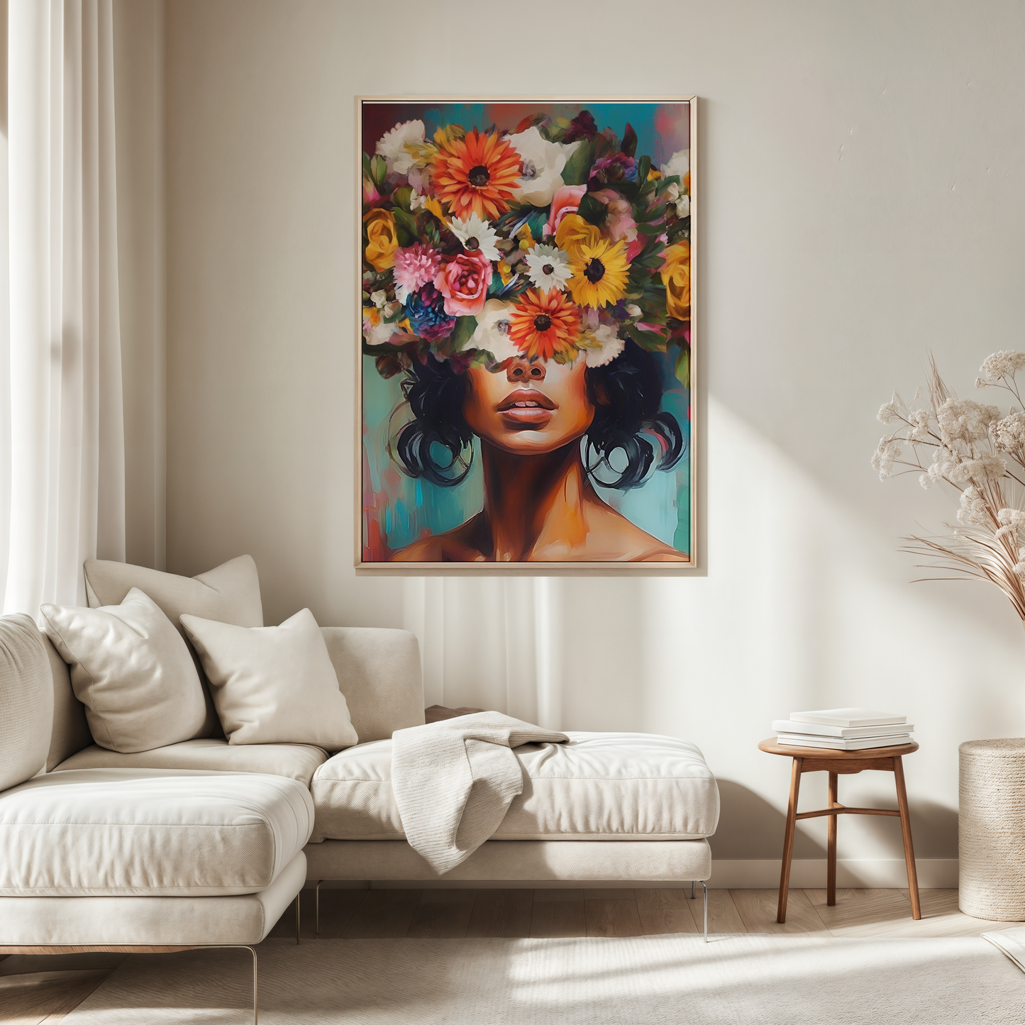 Flower Head Girl wall art portrait with vibrant florals styled above a neutral sofa in a living room