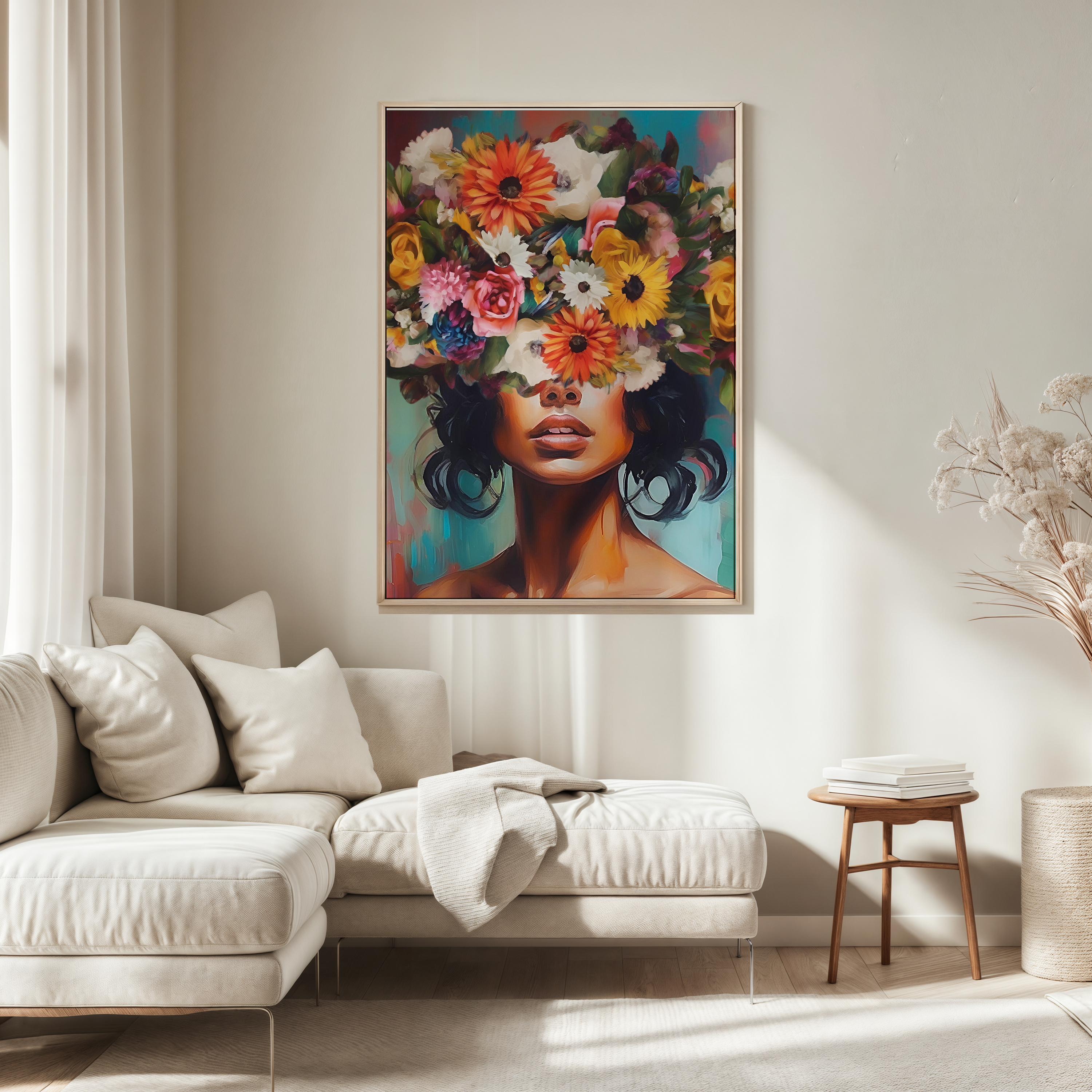 Flower Head Girl wall art portrait with vibrant florals styled above a neutral sofa in a living room