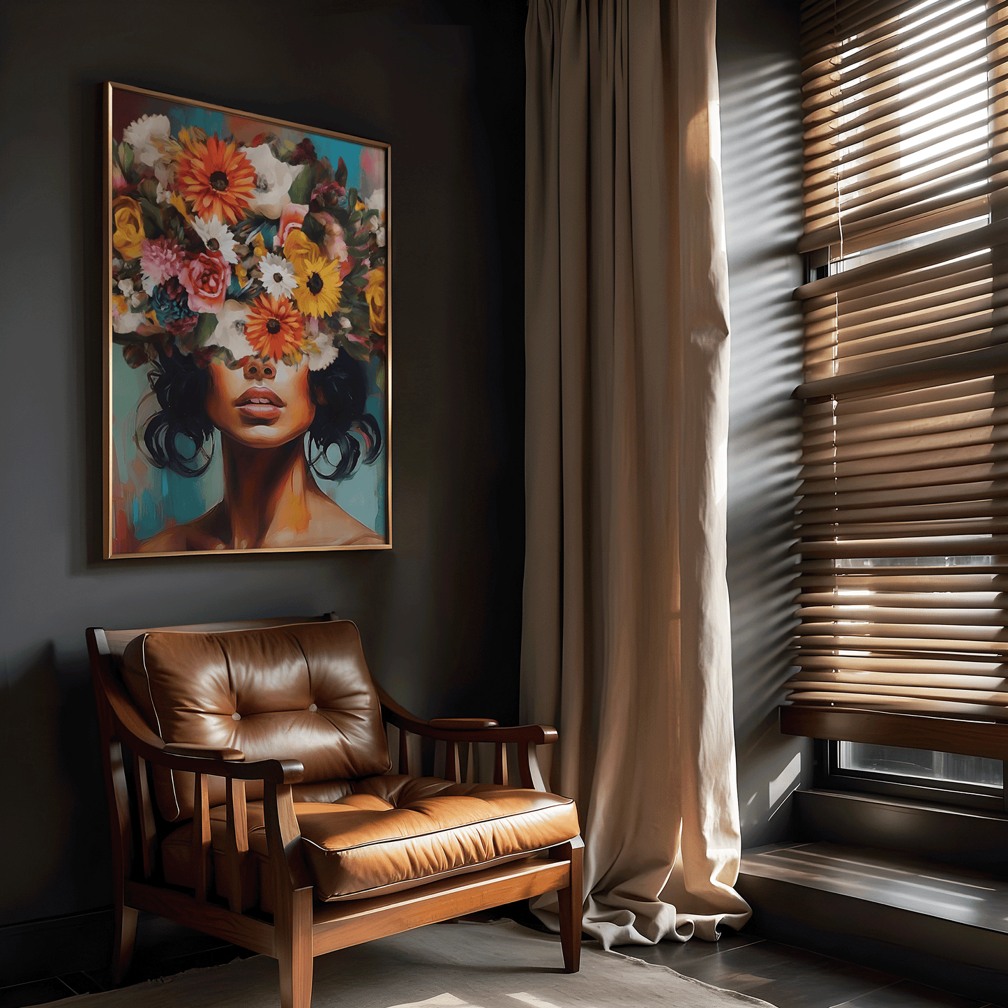 Funky flower head wall art with bold floral portrait styled in a dark, modern office with leather chair.