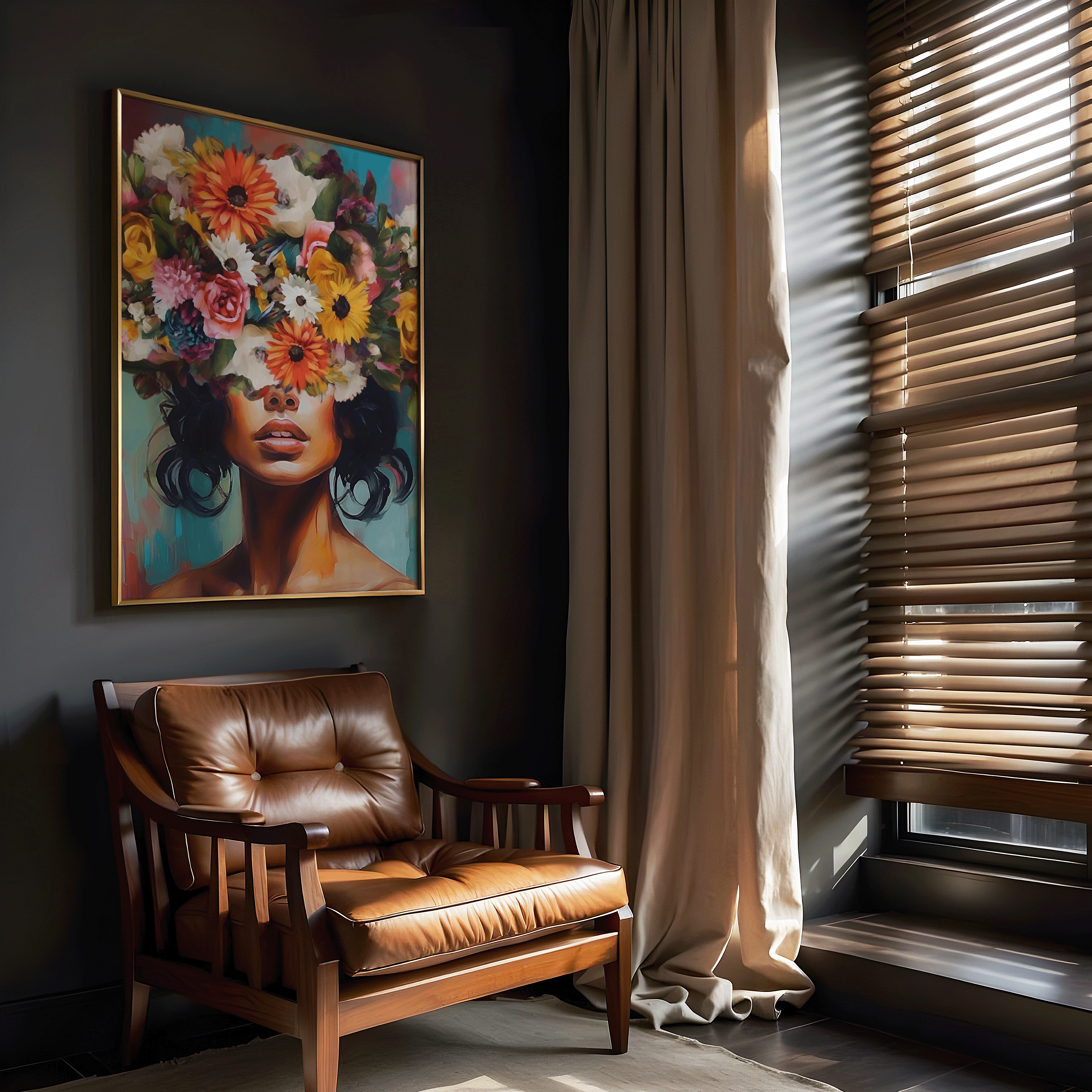 Funky flower head wall art with bold floral portrait styled in a dark, modern office with leather chair.