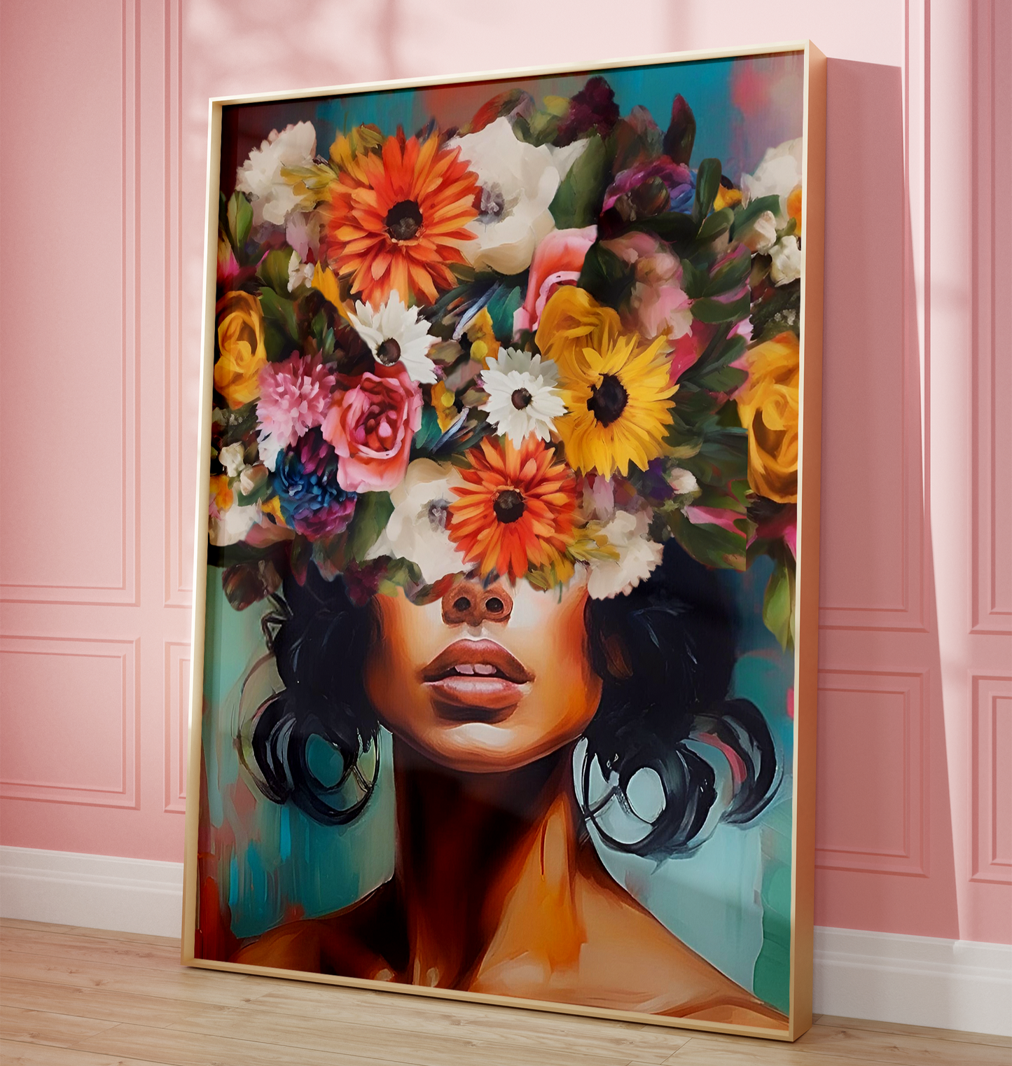 Colorful Flower head woman portrait wall art against a pink wall for funky home décor