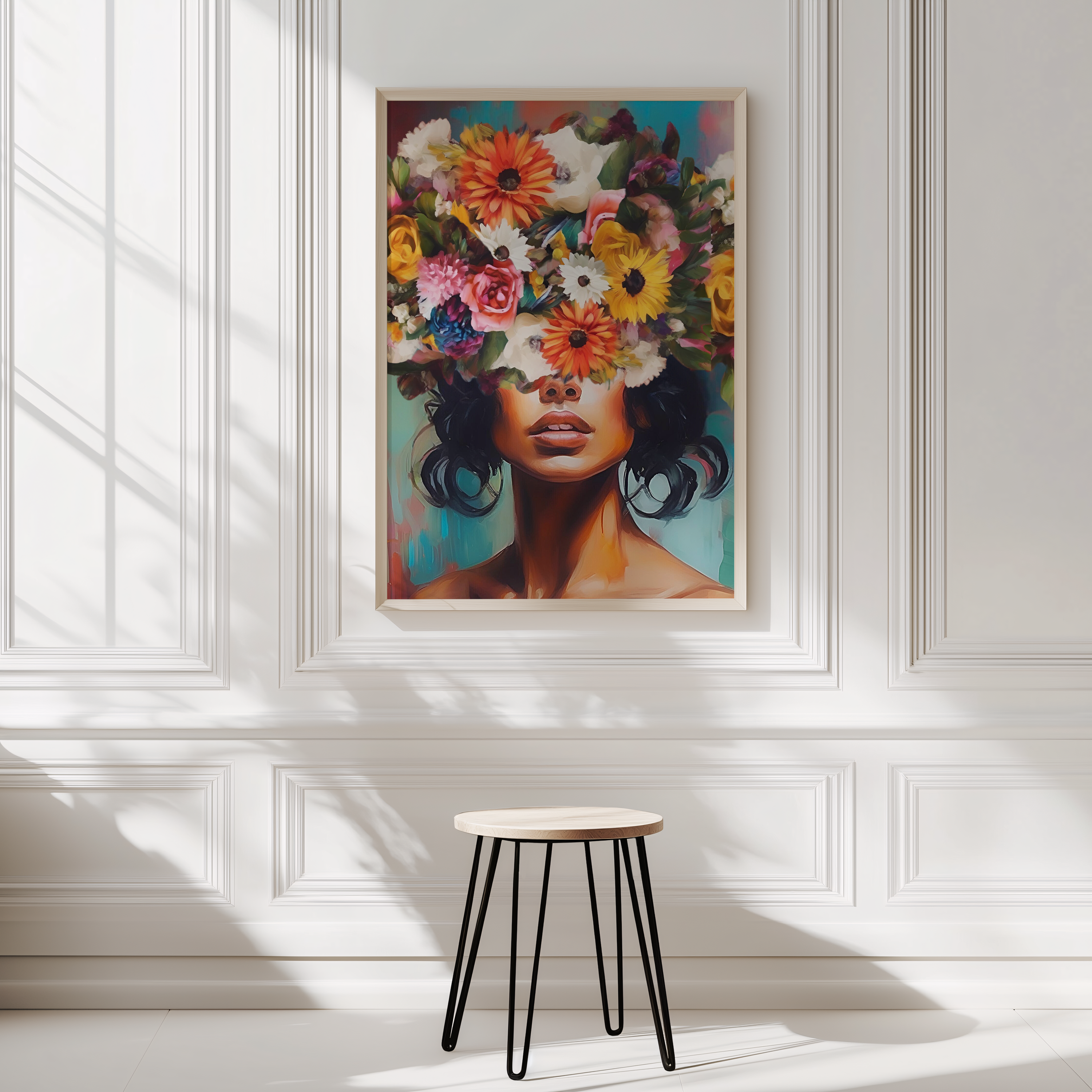 Funky floral portrait artwork of Flower Head Girl styled on a white wall interior