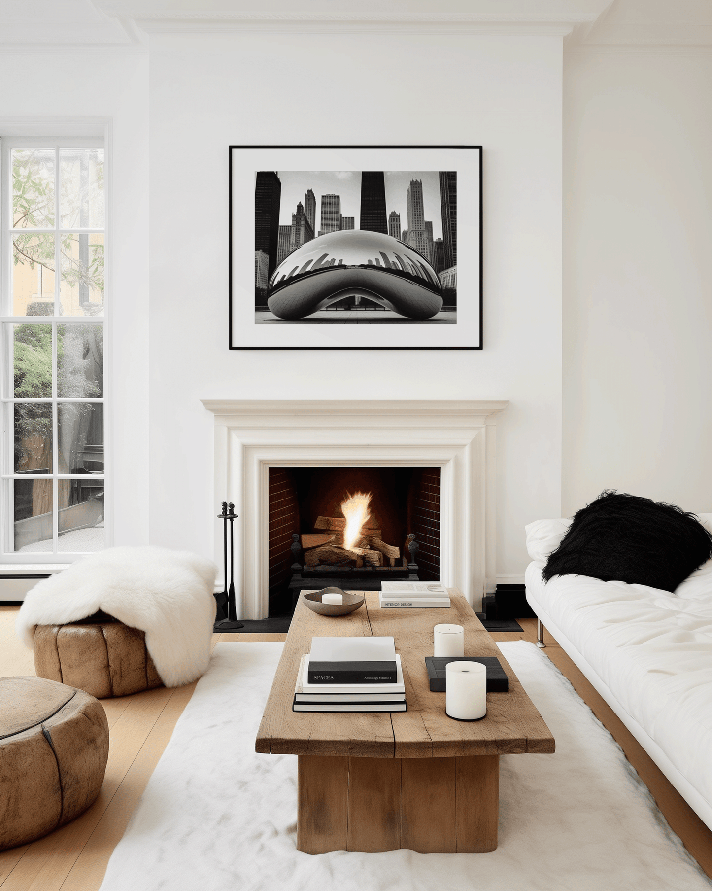 Framed black and white Chicage cityspace featuring a silver bean iconic structure abive a fireplace in a modern living room with wooden accents