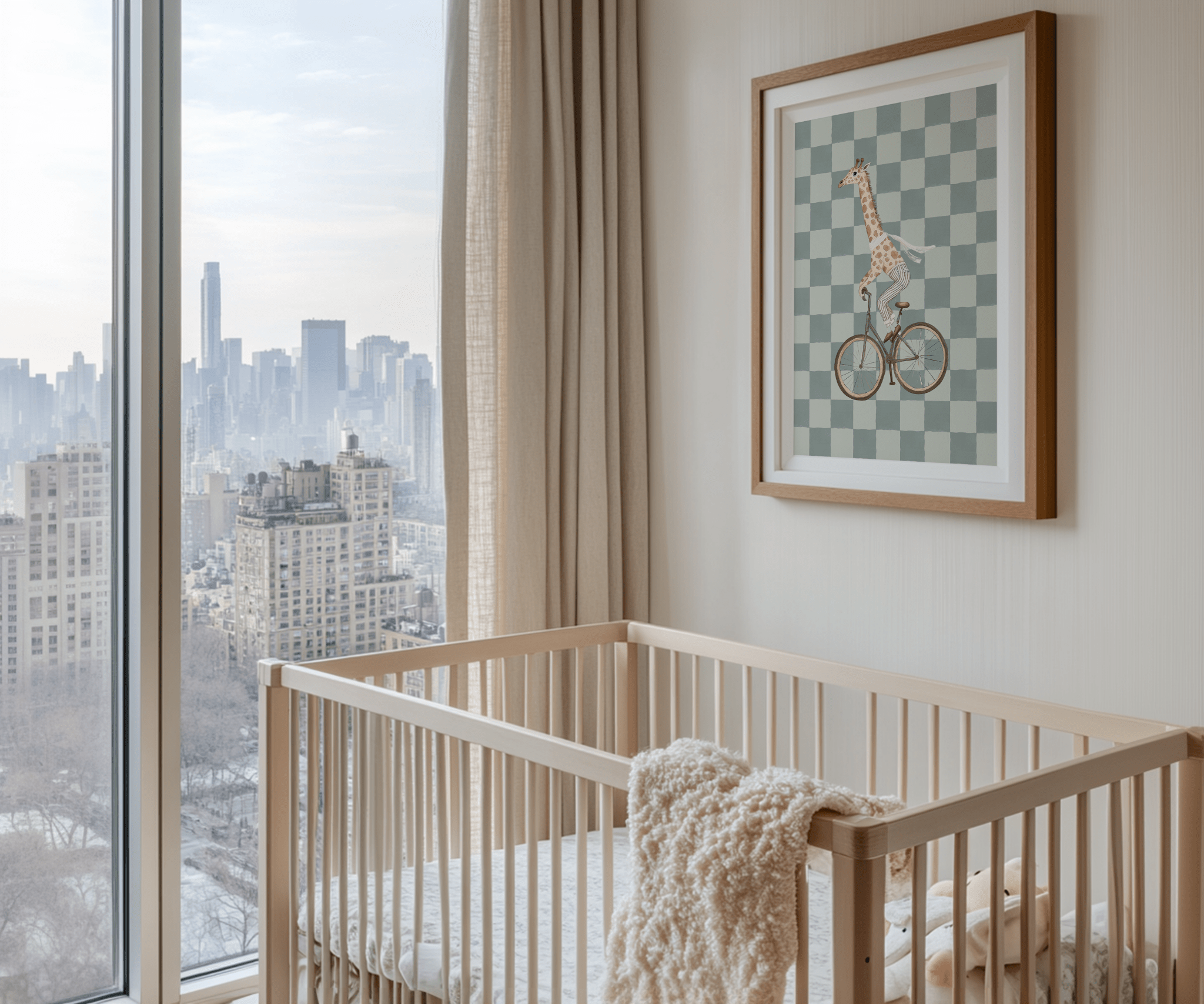 Giraffe riding bicycle animal nursery wall art with sage green checkerboard background, whimsical kids wall decor for boys bedroom. Wood-framed giraffe wall art print above a wooden crib in a neutral nursery with city views and natural sunlight.