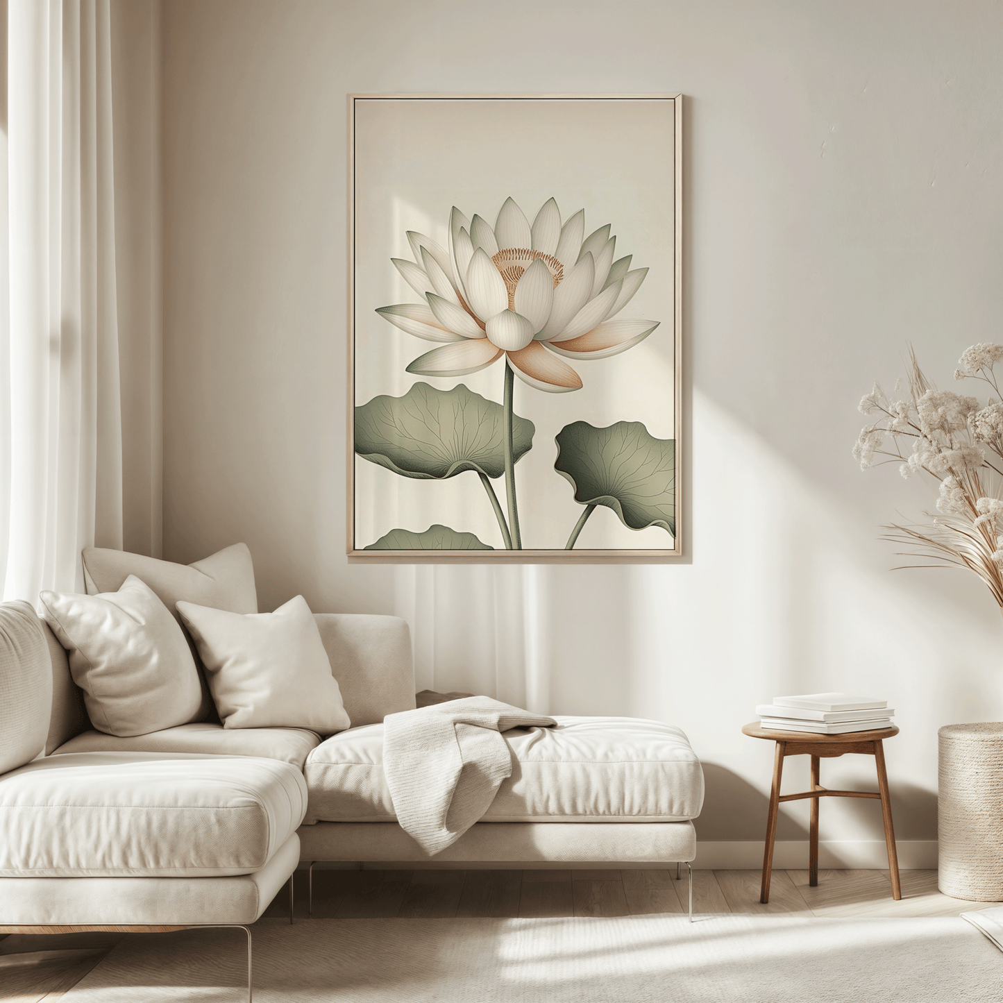 Large white lotus botanical print hanging above a beige sofa in a cozy, light-filled living room with natural textures
