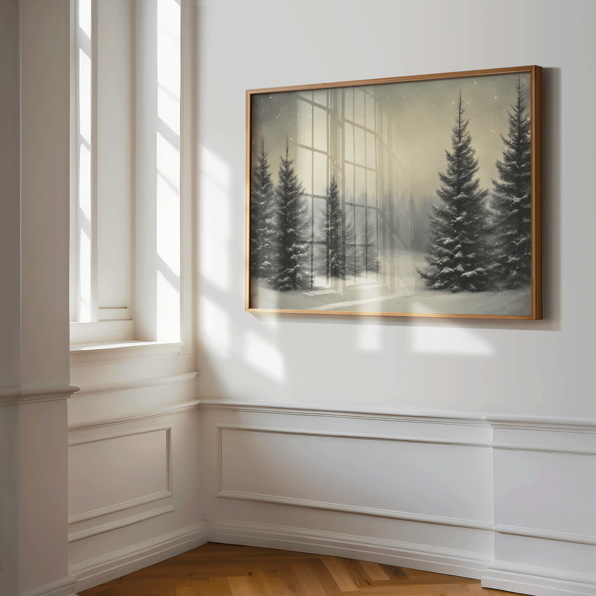 Snowy forest landscape framed wall art in a wooden frame on a sunlit corner wall in the hallway showing tall pine trees and fresh snow, perfect for christmas holiday seasonal wall decor