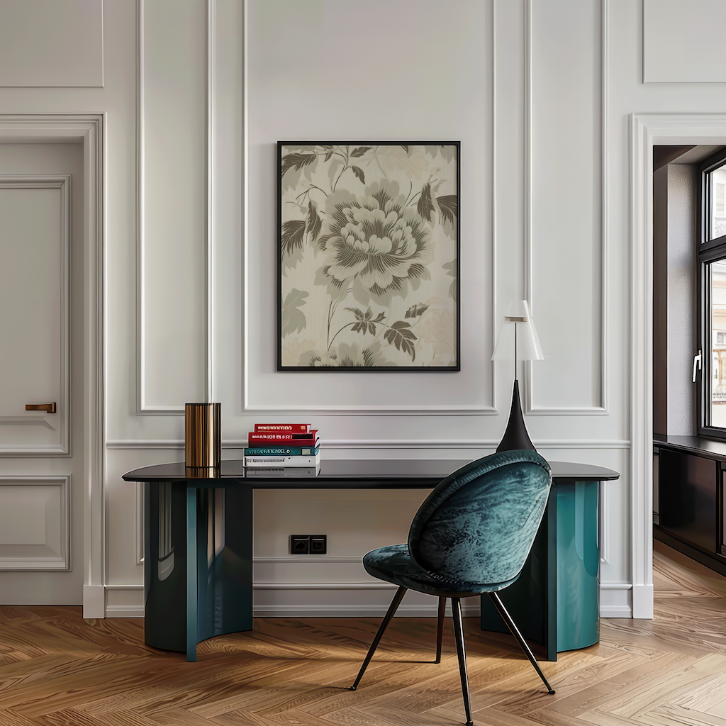 Modern office setup with a desk, chair, and framed botanical wall art above a desk