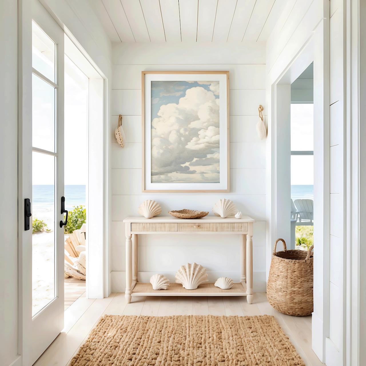 Framed canvas artwork of dreamy clouds in a neutral sky in a beach house or cottage entryway