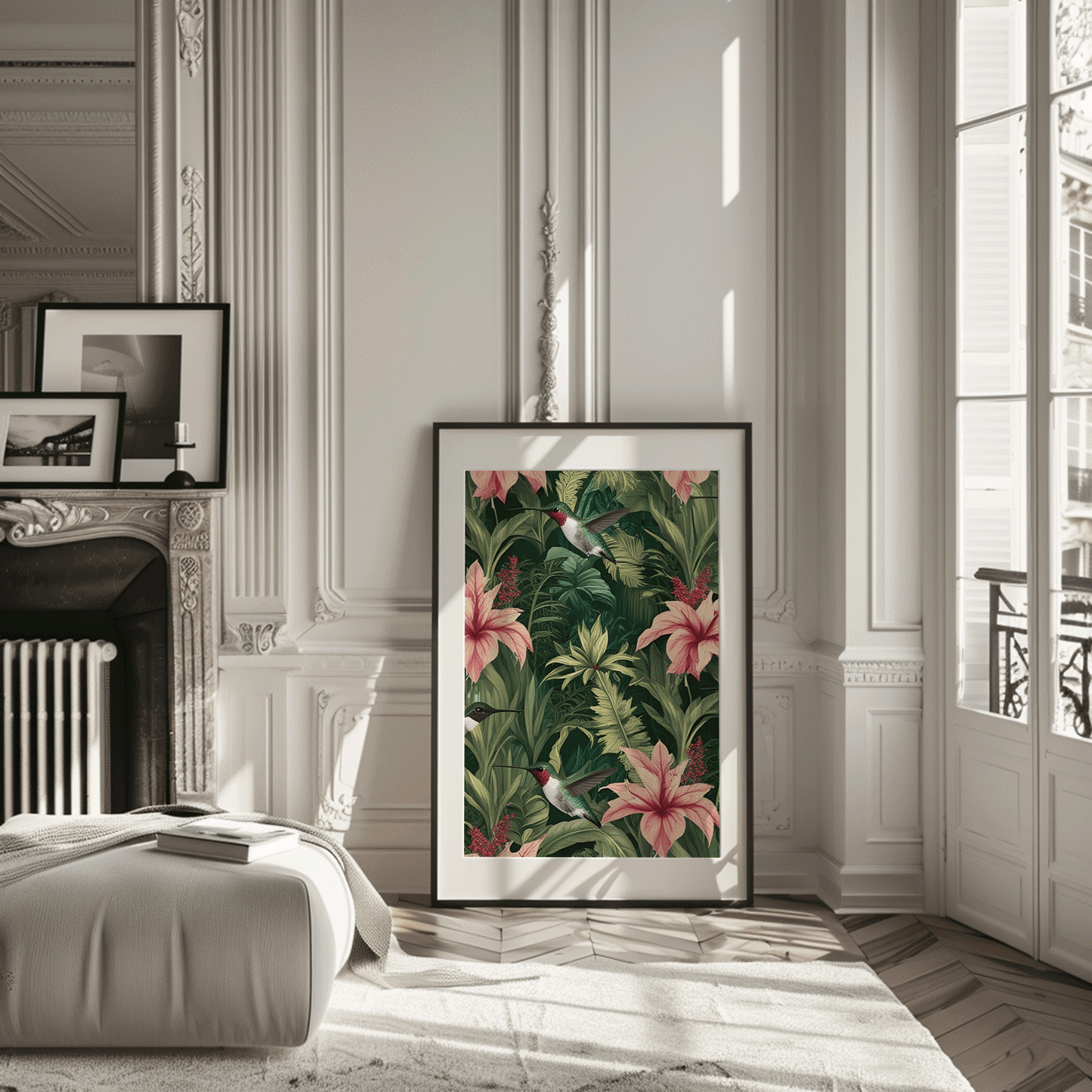 Hummingbird botanical wall art with pink florals and greenery styled in a modern living room setting.