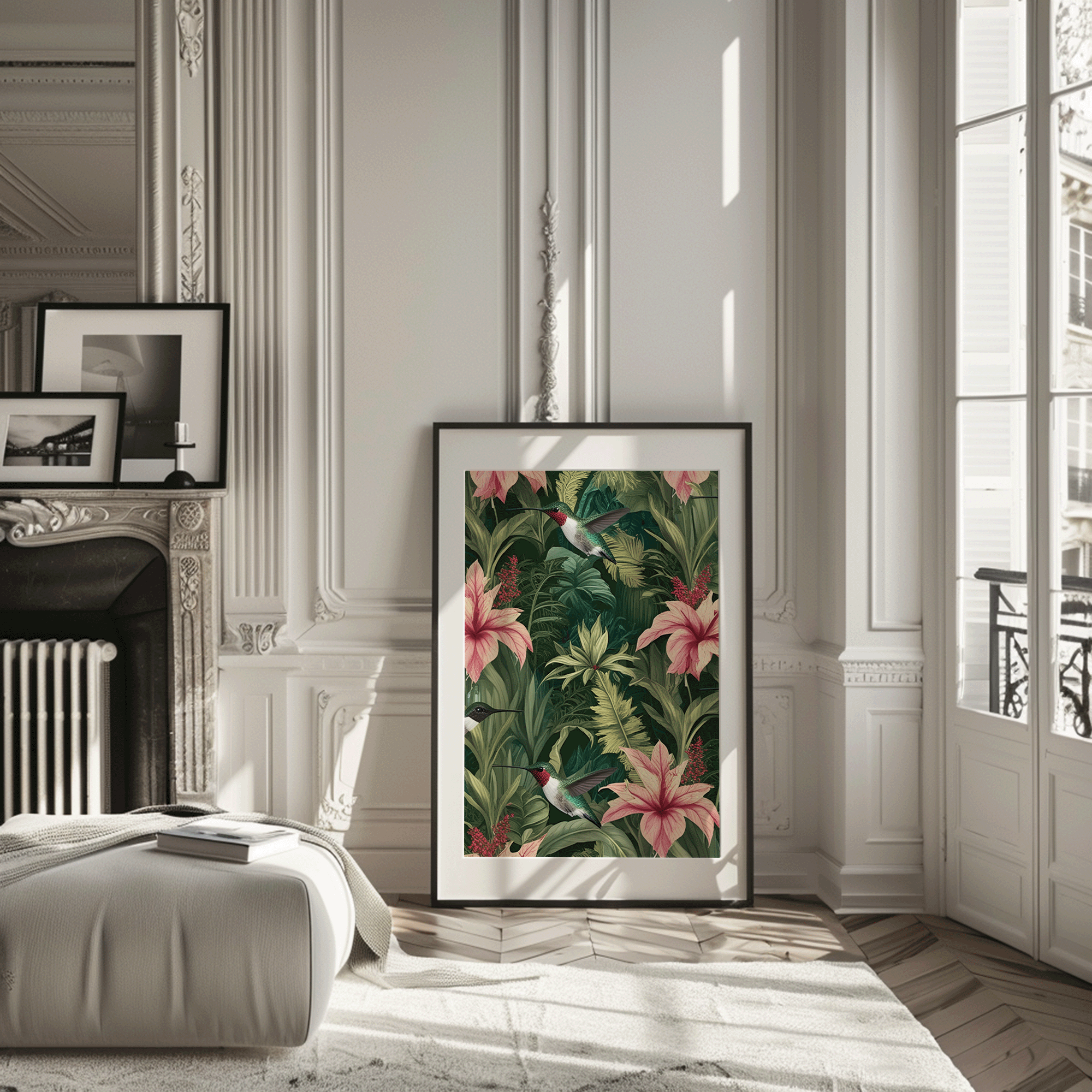 Hummingbird botanical wall art with pink florals and greenery styled in a modern living room setting.