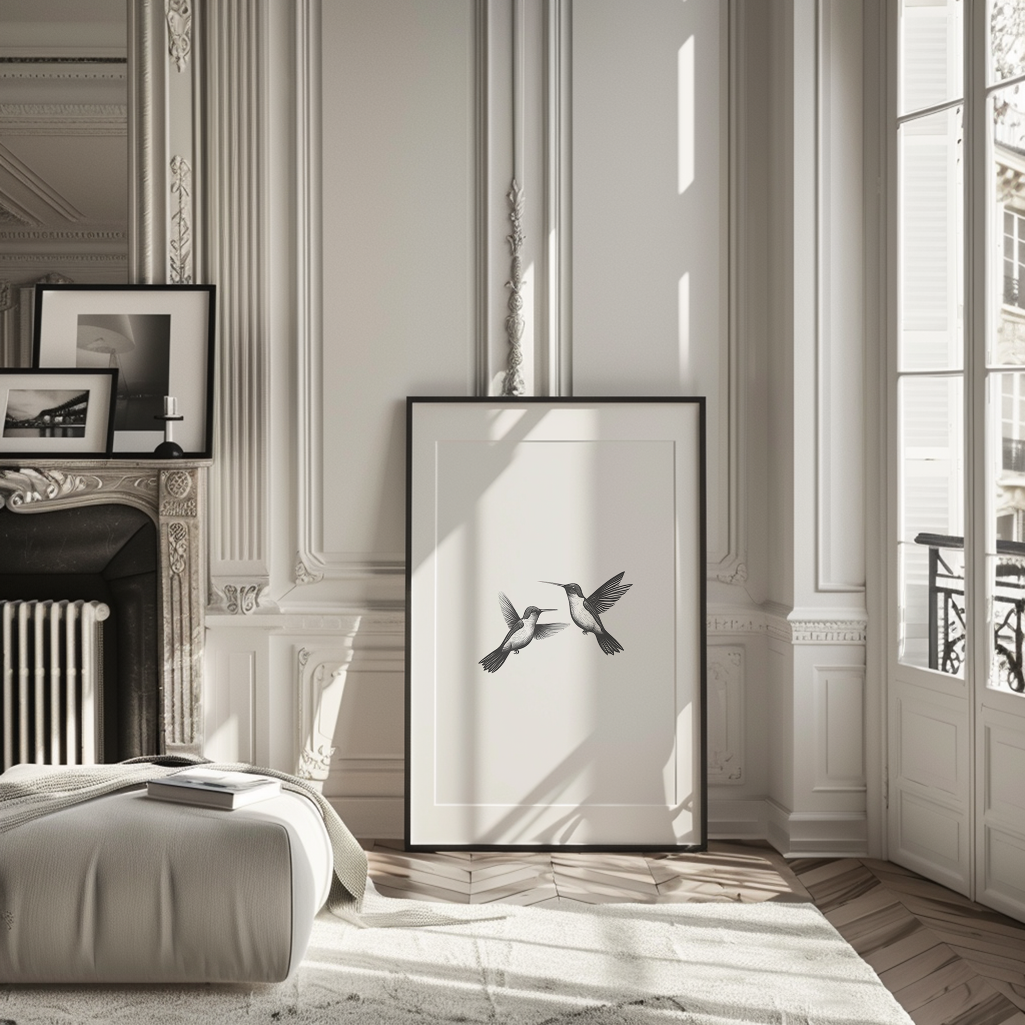Large hummingbird wall art print in black and white leaning against a wall near fireplace in a bright living room