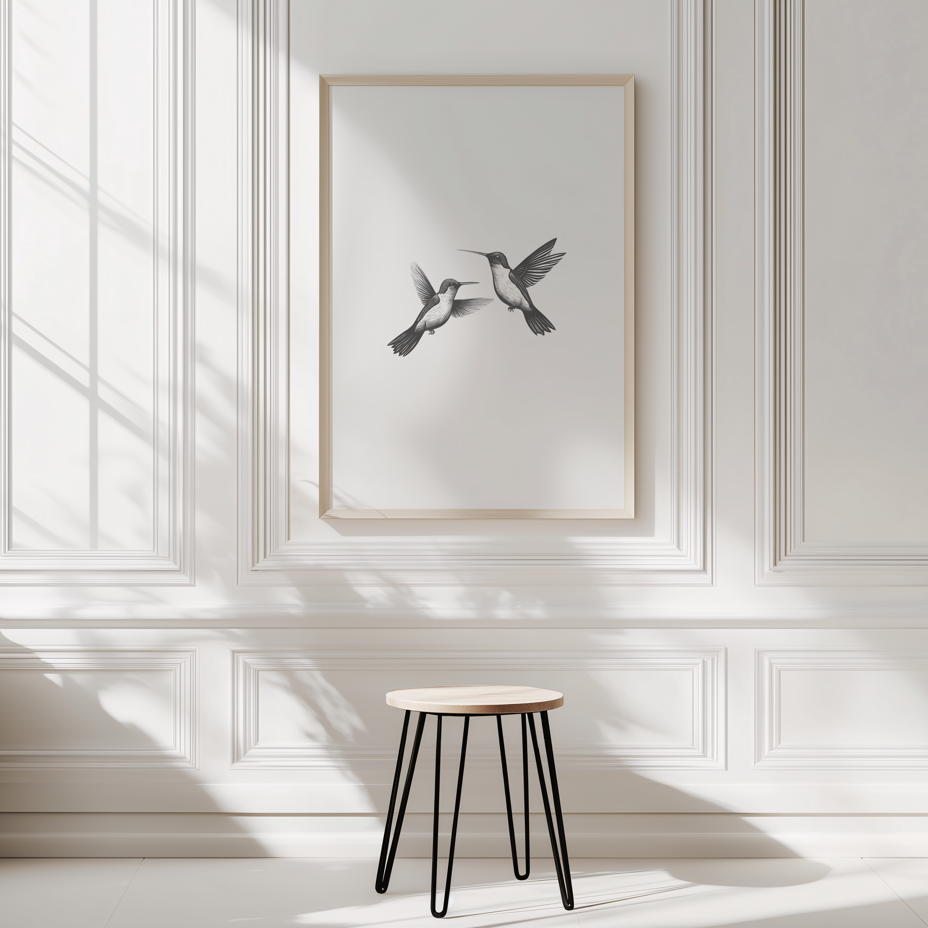Framed hummingbird wall art in black and white hanging on a bright white wall above a small modern stool