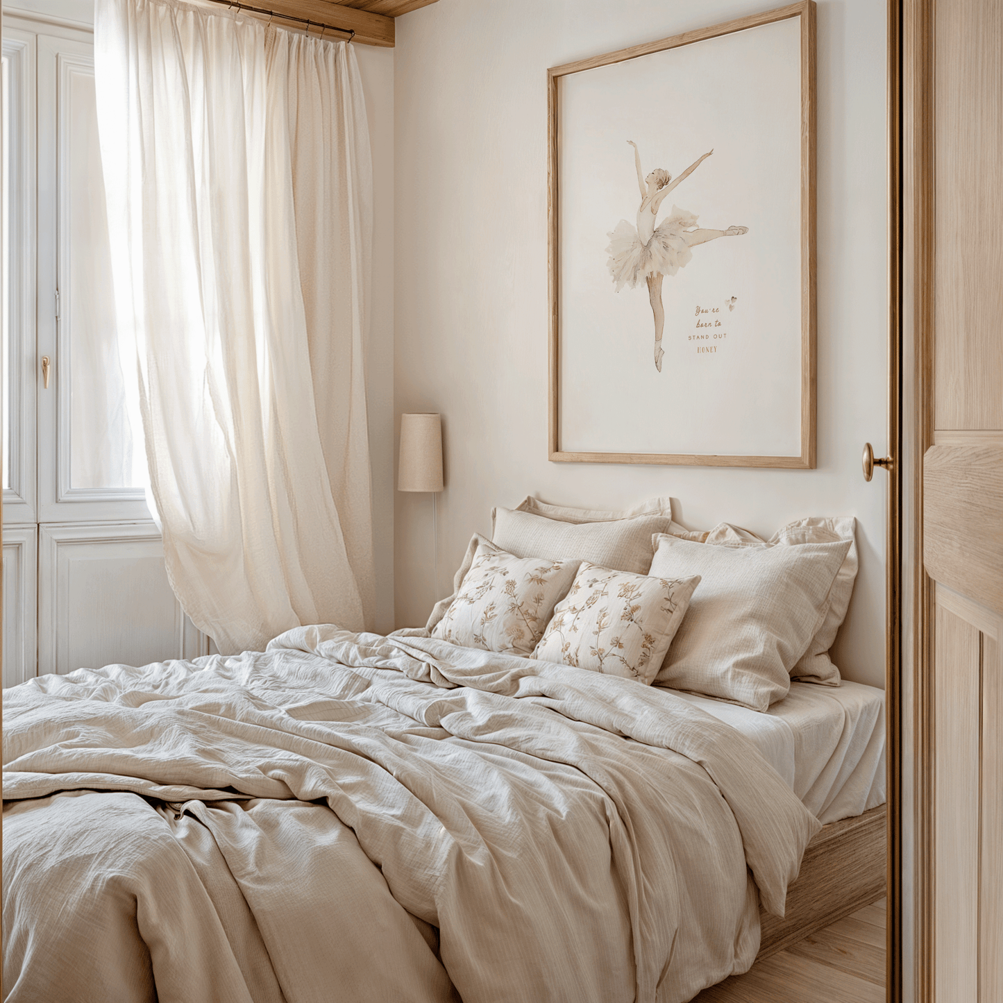 Large light wooden-framed ballerina wall art above bed in soft neutral bedroom; elegant tutu and uplifting quote.