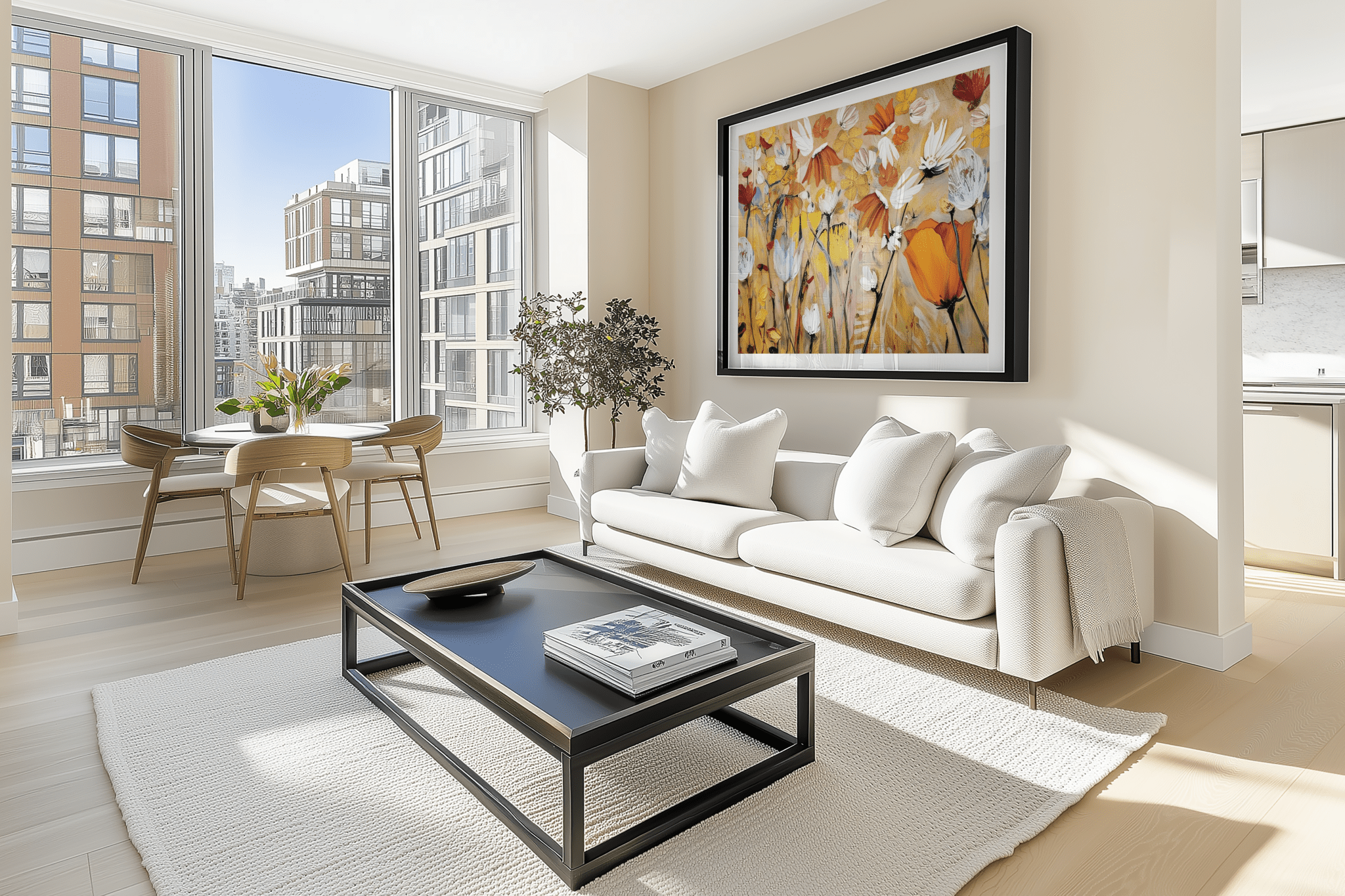 Framed orange, yellow and white botanical wall art framed in a modern living room of a condo or apartment with city views.