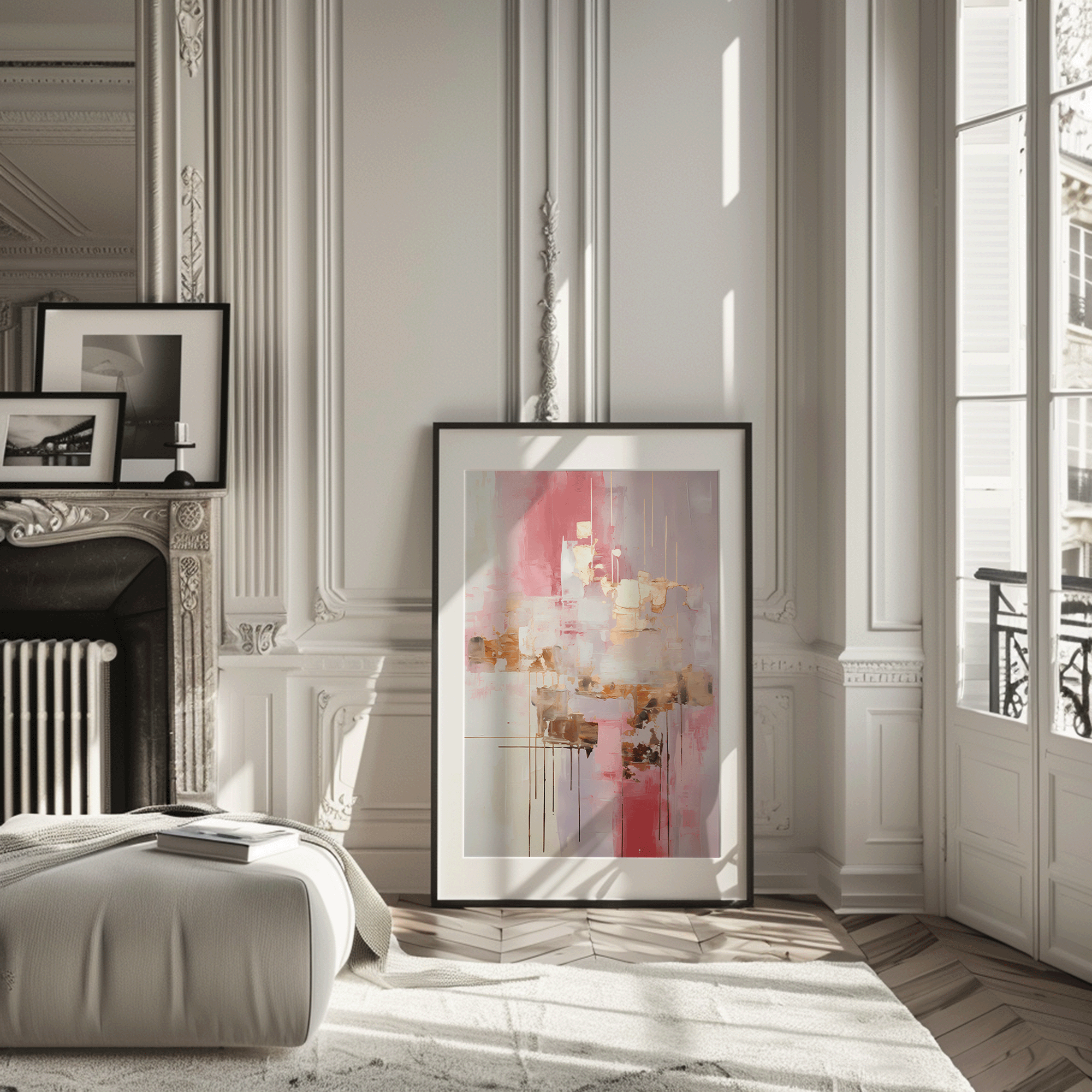 Large pink and gold metallic abstract wall art framed with a black frame on the floor up against the wall in a modern, neutral living room next to a fireplace.