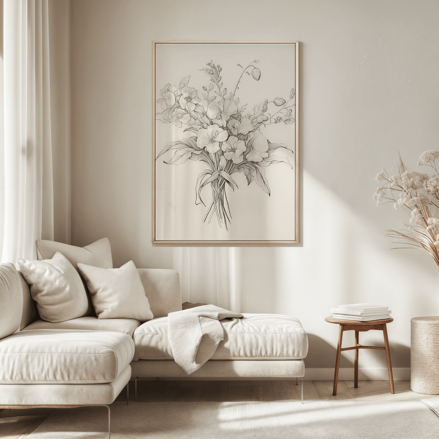 Oversized vintage floral pencil drawing of peony bouquet framed above a cream sectional with soft throws in a neutral, modern living room.