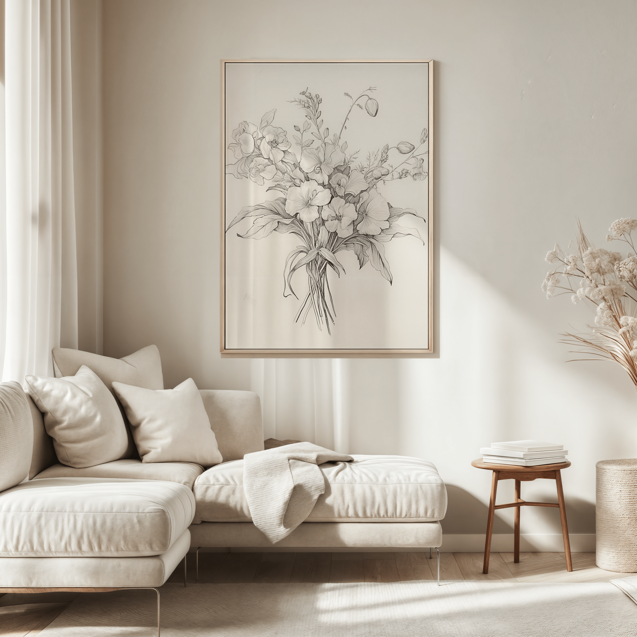 Oversized vintage floral pencil drawing of peony bouquet framed above a cream sectional with soft throws in a neutral, modern living room.