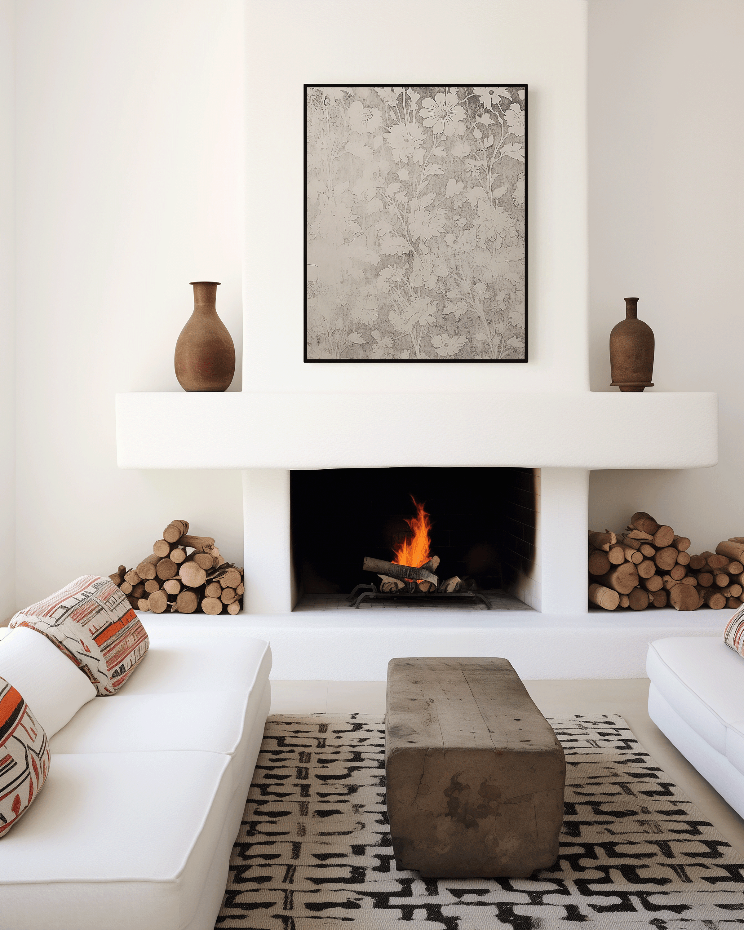 Vintage Botanical flower pattern textile antique muted wall art in a modern living room over a fireplace