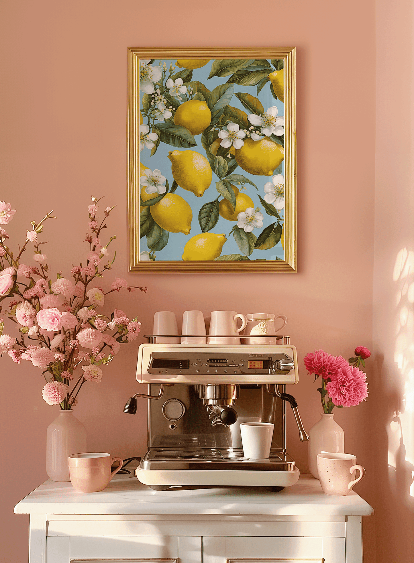 Lemon framed art print with gold frame on a pink wall above a home coffee bar with flowers and espresso cups