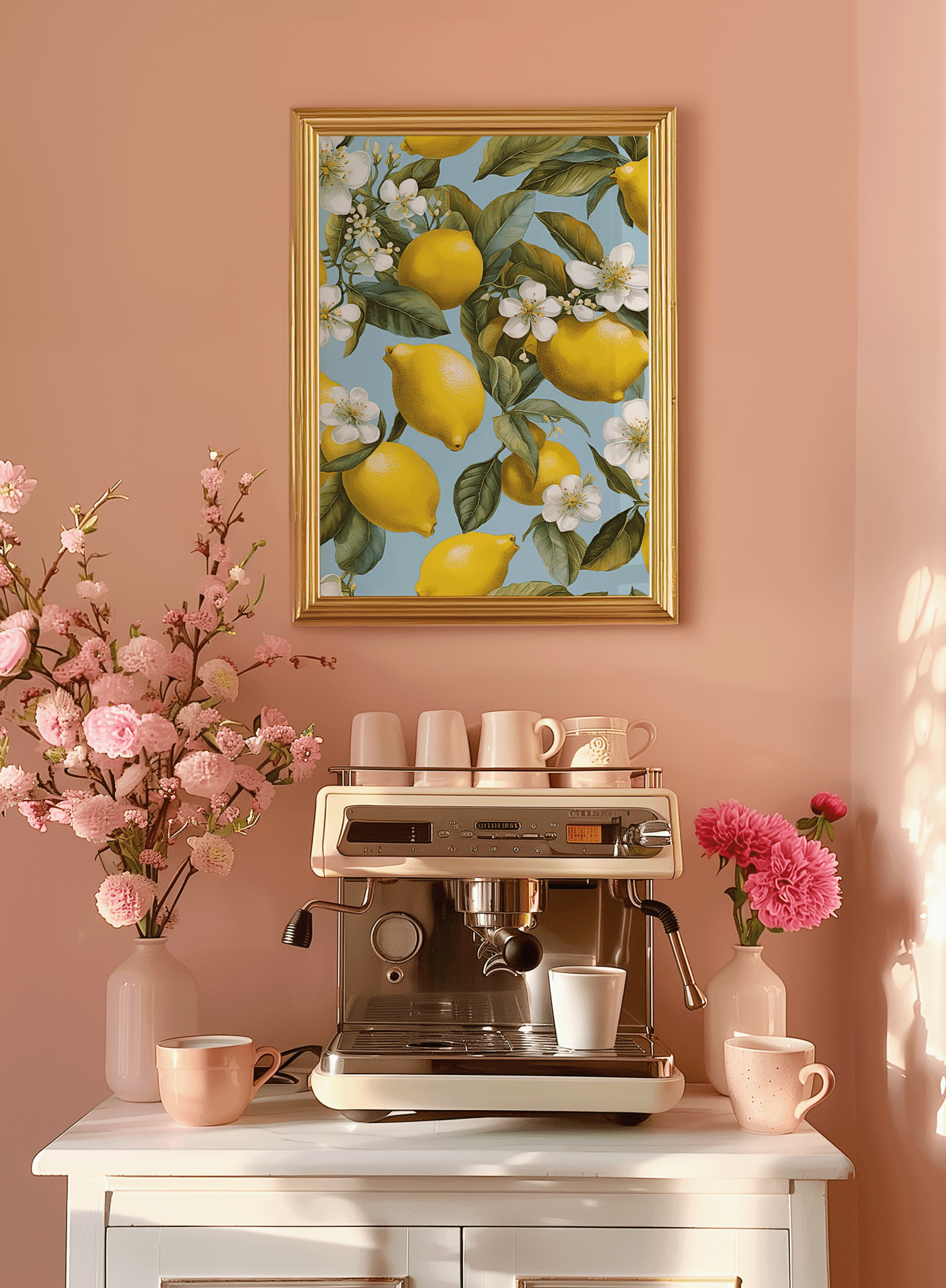 Lemon framed art print with gold frame on a pink wall above a home coffee bar with flowers and espresso cups