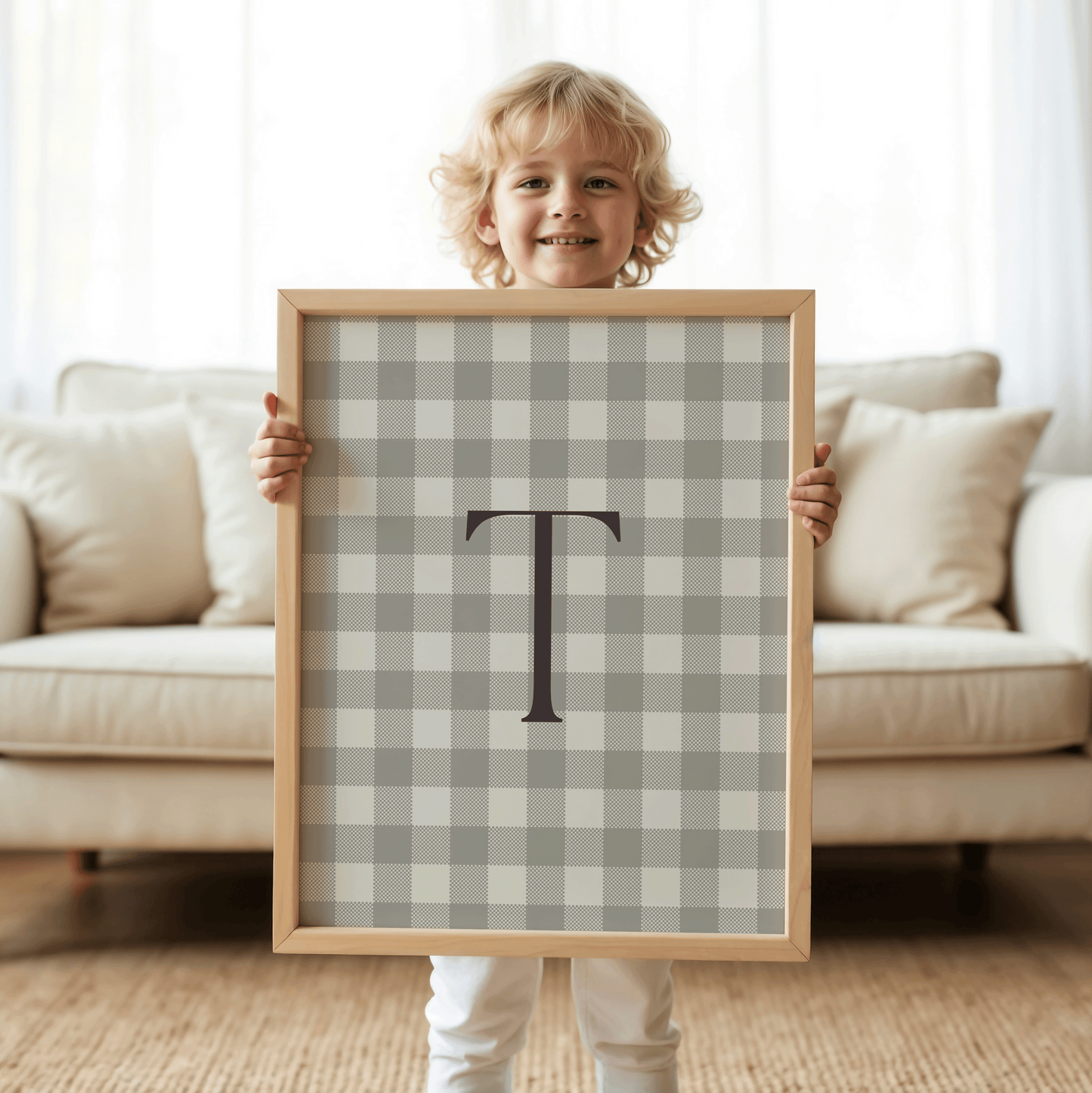 Minimalist gingham wall art with personalized letter T, for baby boy or girl nursery