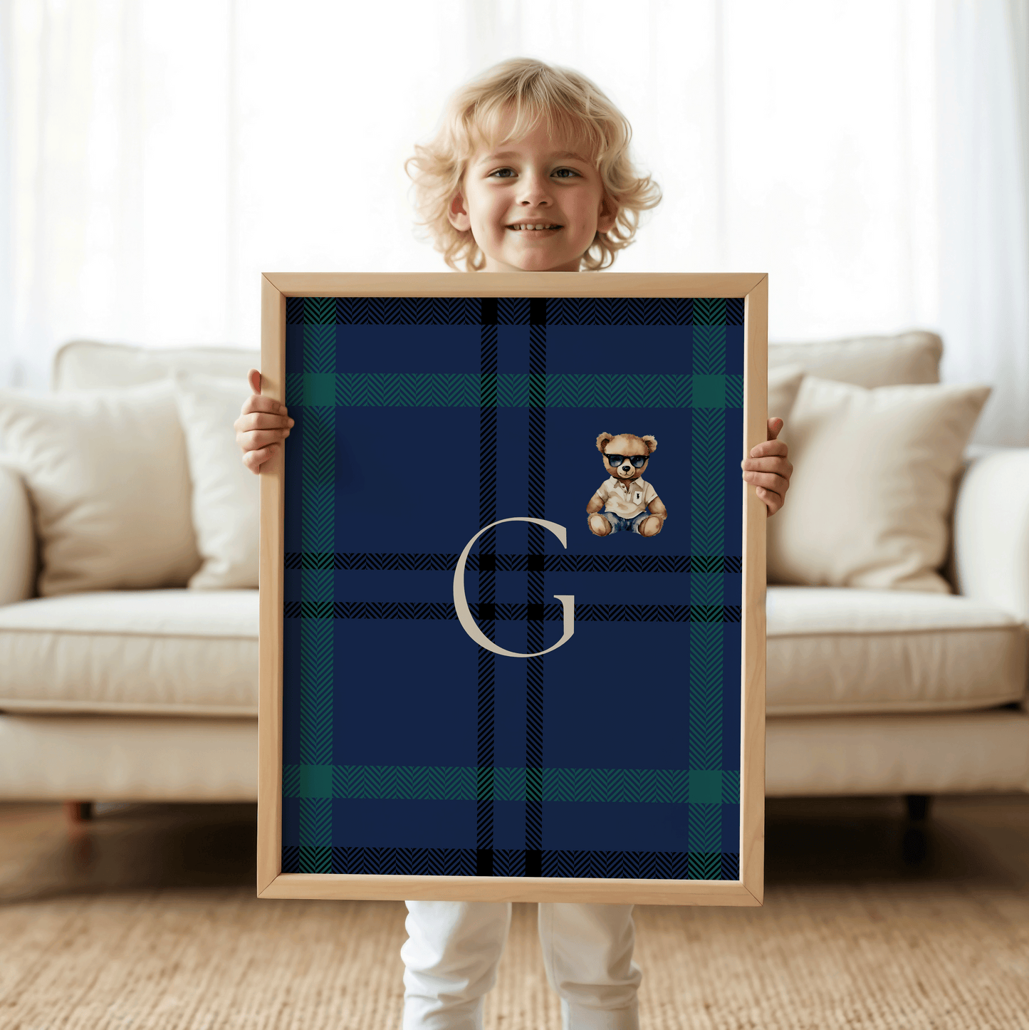 Customizable nursery wall art for boys with bold initial letter G and teddy bear in preppy outfit
