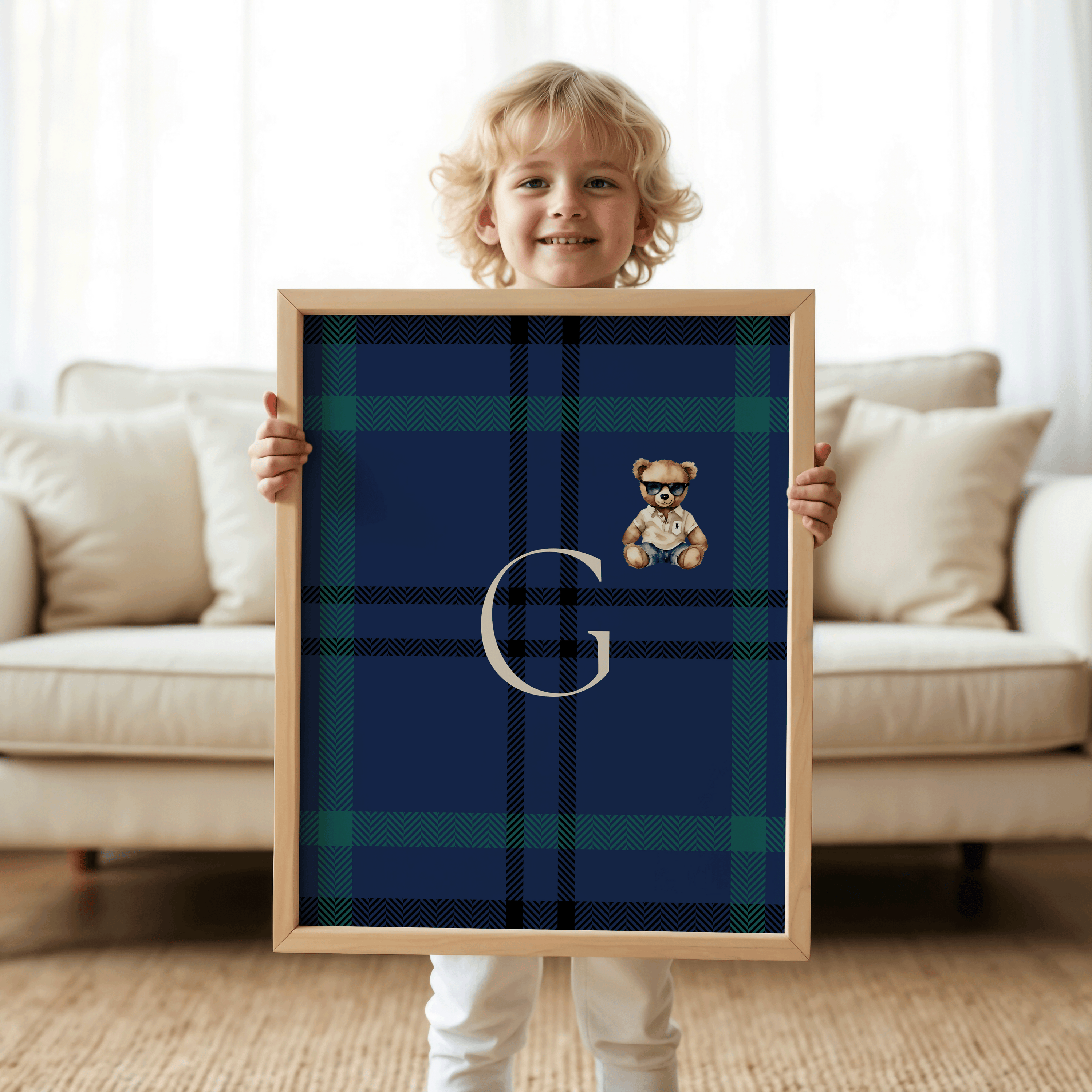 Customizable nursery wall art for boys with bold initial letter G and teddy bear in preppy outfit