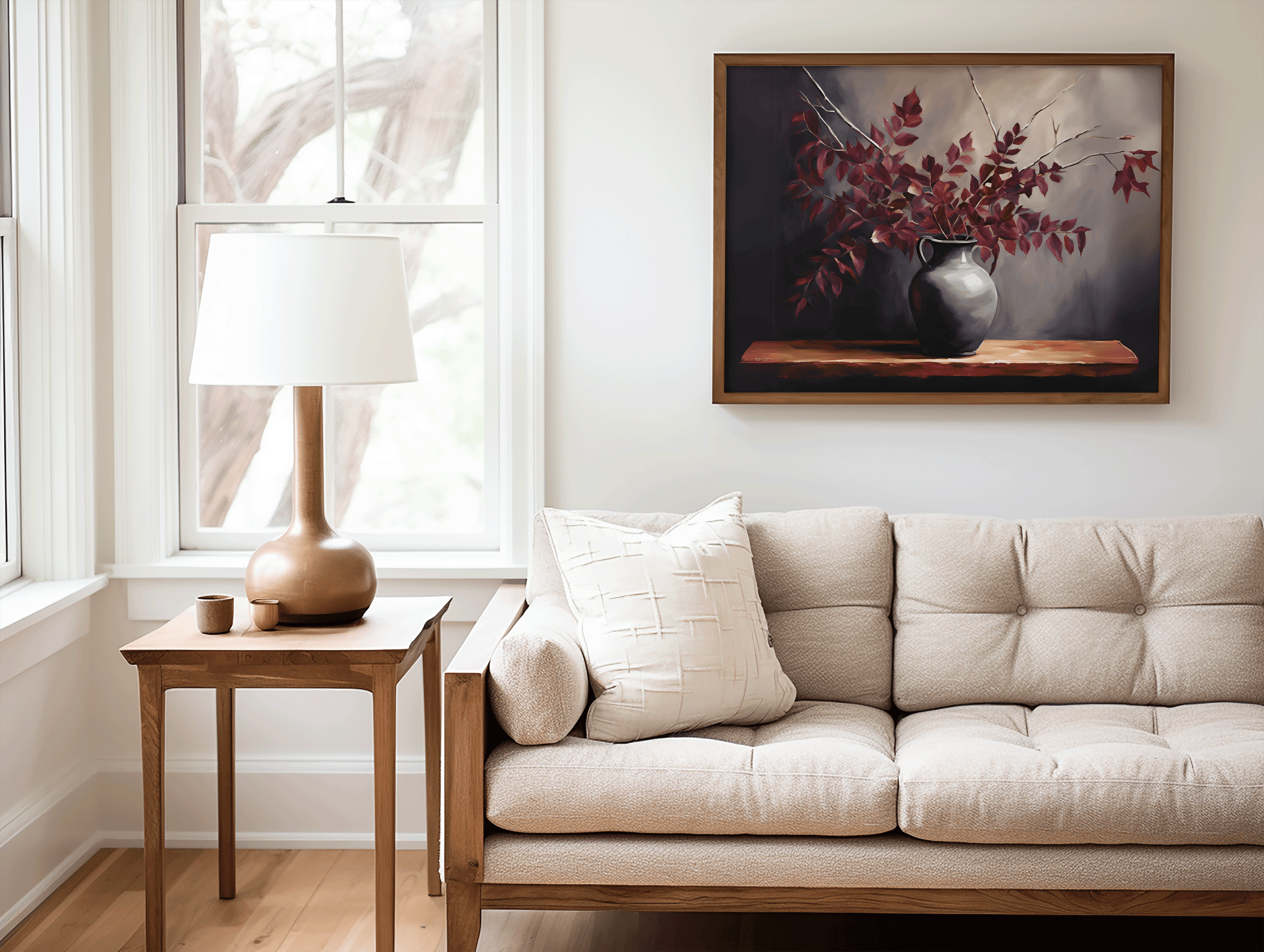 Framed botanical wall art with burgundy leaves in a grey vintage vase on a wooden base and placed above beige tufted sofa in living room