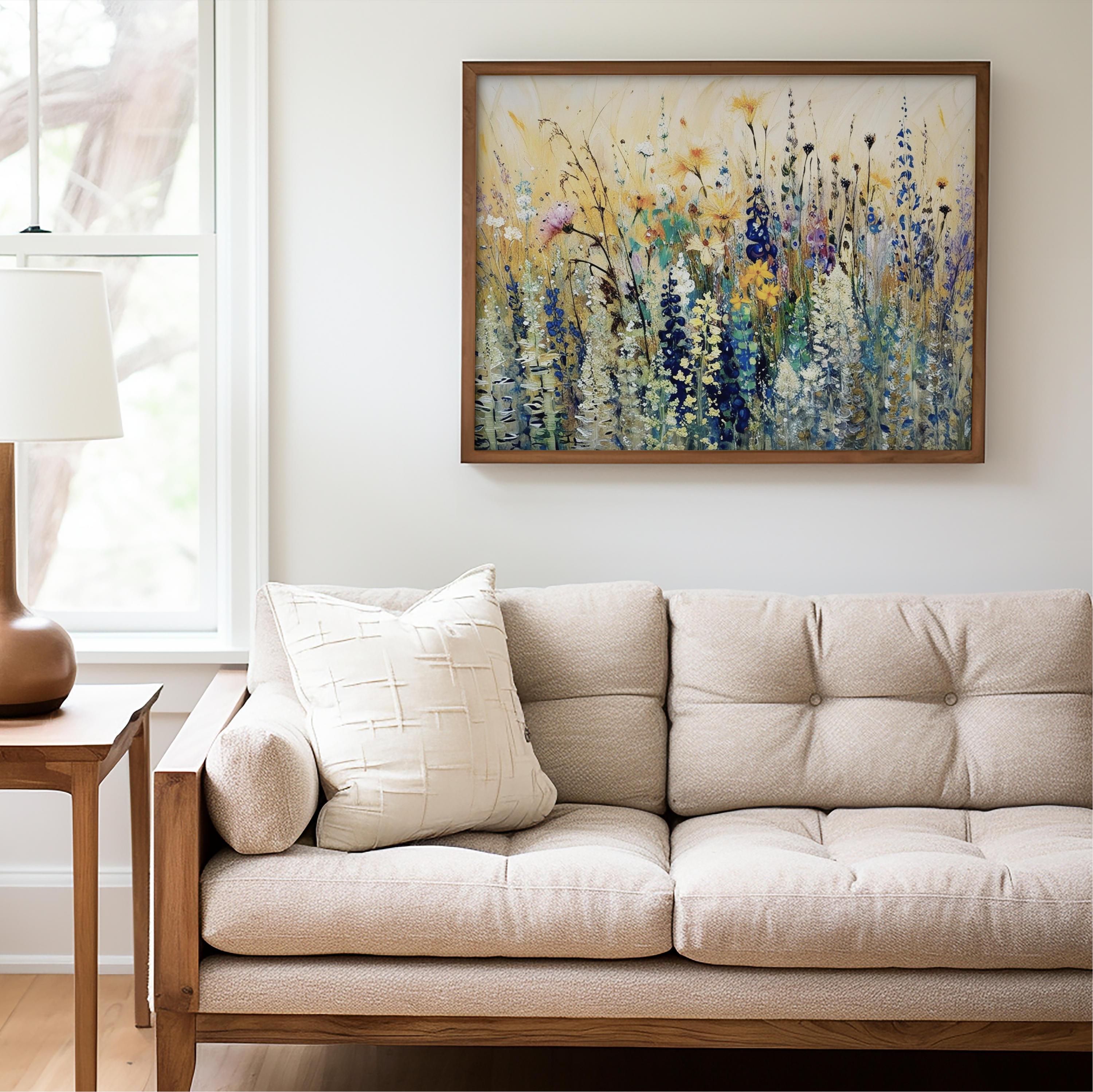 Colorful wildflower floral wall art canvas with abstract purple, green and yellow flowers styled above modern sofa
