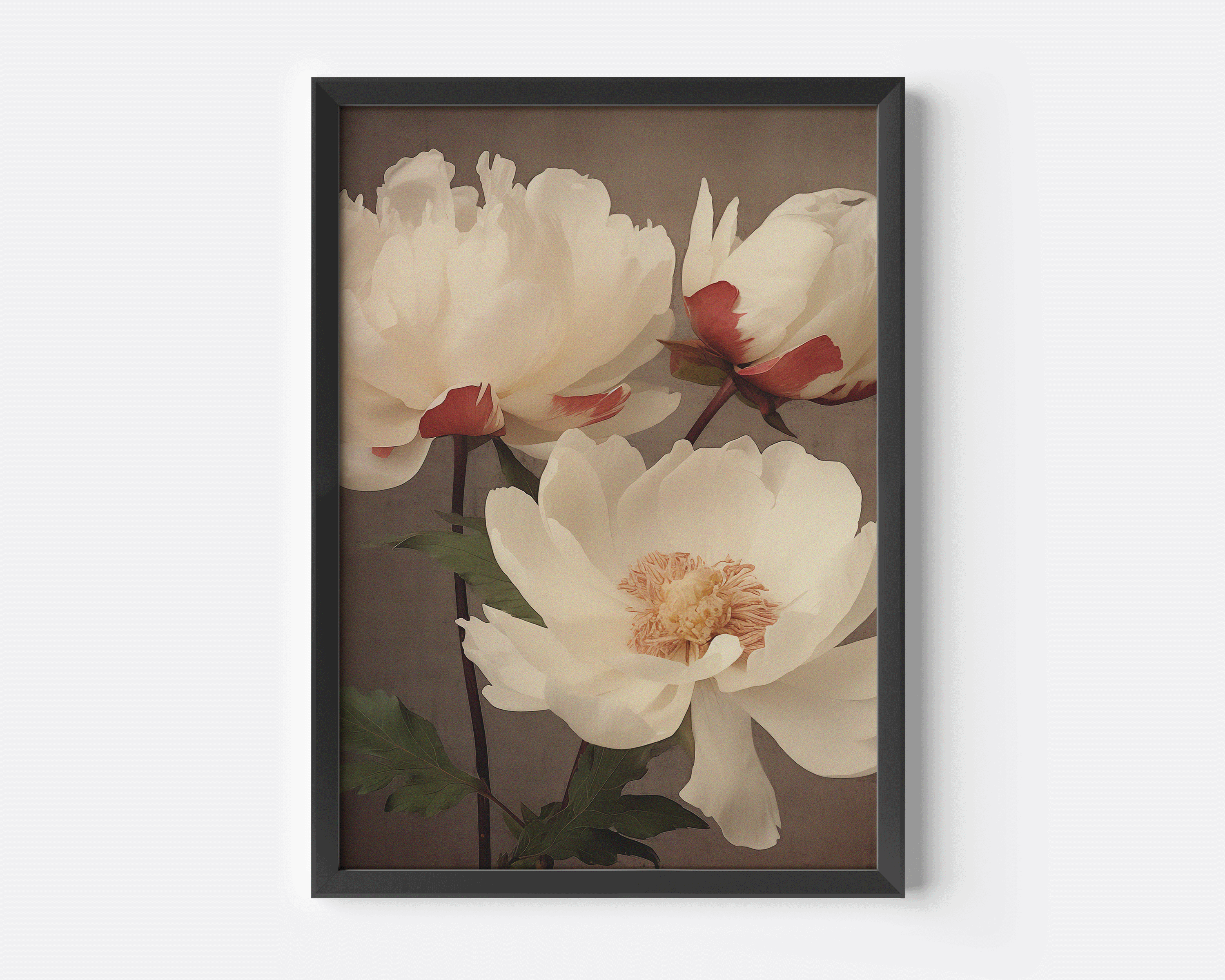 Close-up of vintage lotus flower wall art print with burgundy accents and a black frame on a white wall