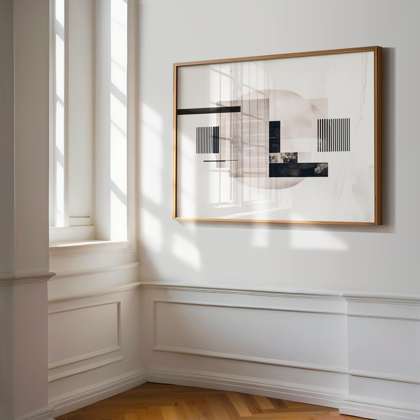 Abstract mid-century modern geometric print with black, beige, and taupe lines – framed wall art in a hallway with natural sunlight