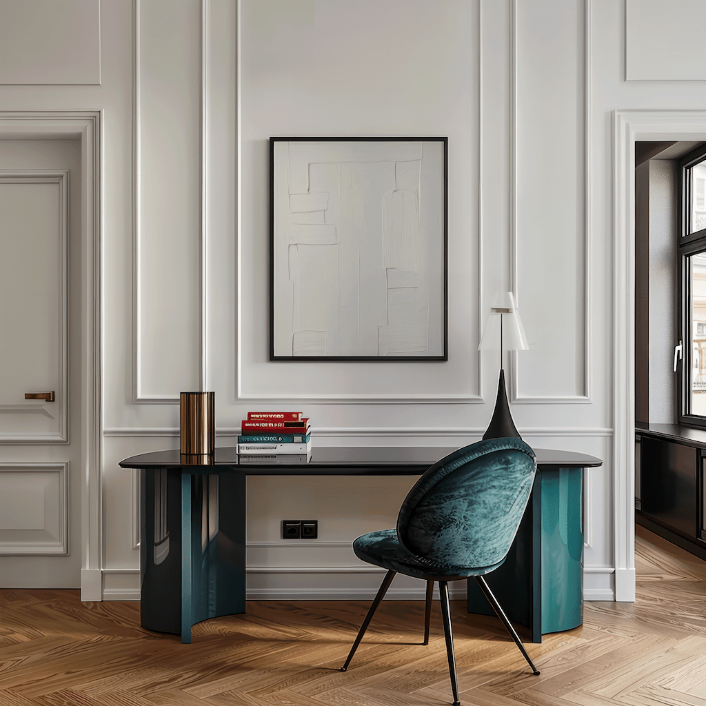 Modern office setup with a desk and chair in a stylish room and a white on white faux-textured minimal abstract wall art framed above the desk.