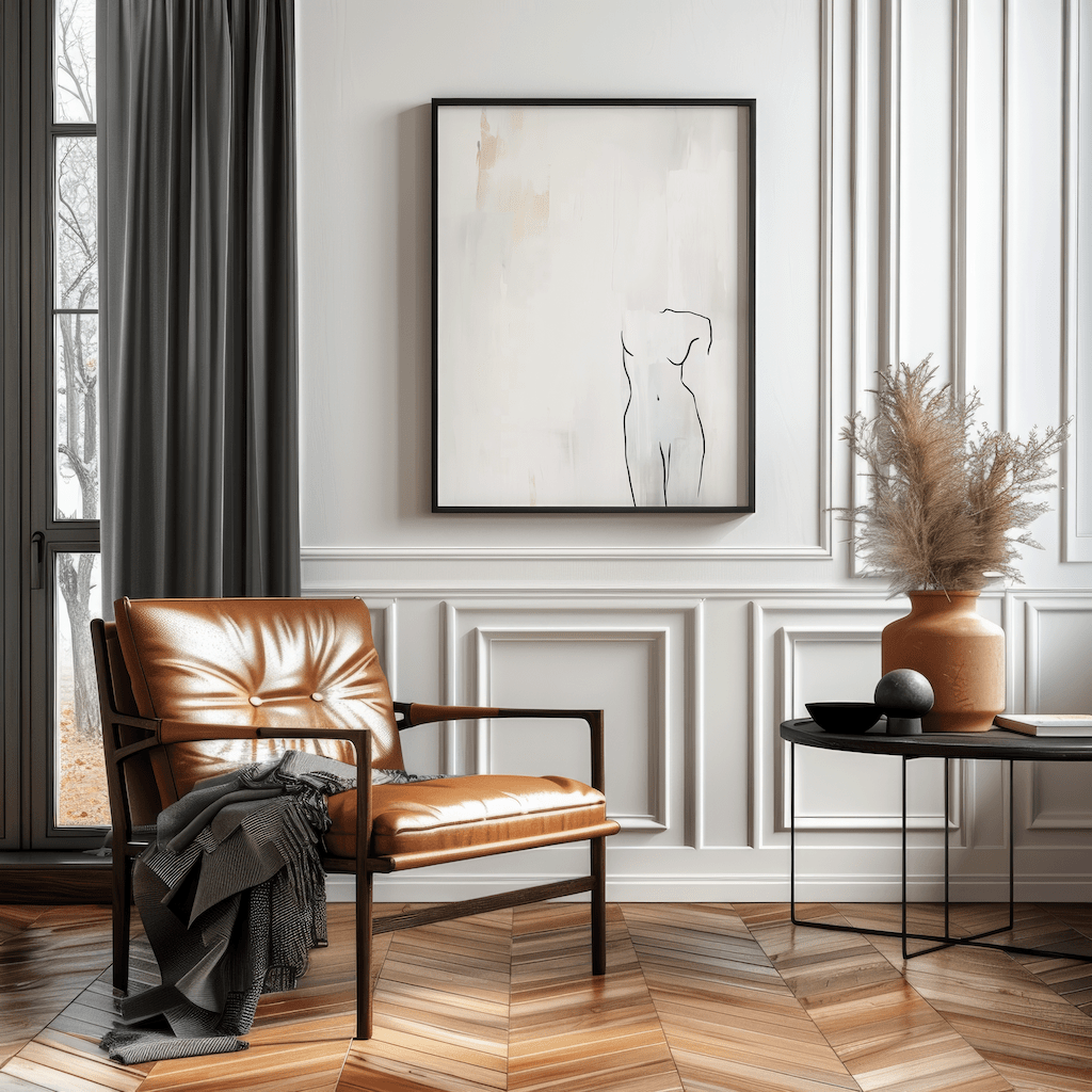 Modern neutral wall art with large minimalist line figure print framed in black, styled above leather accent chair with pampas grass and dark drapes
