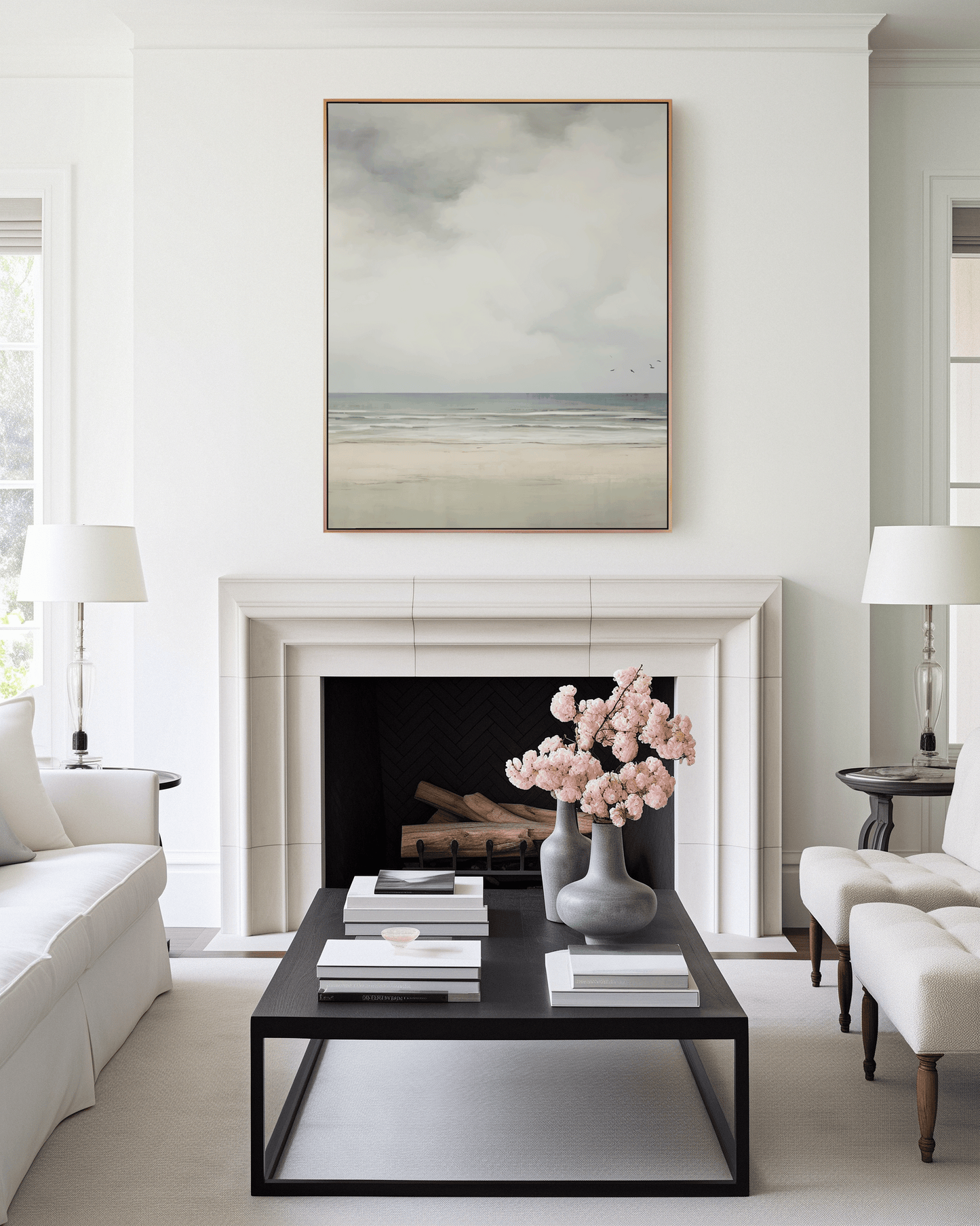 Neutral seascape painting with soft waves and wide sky horizon in a modern living room