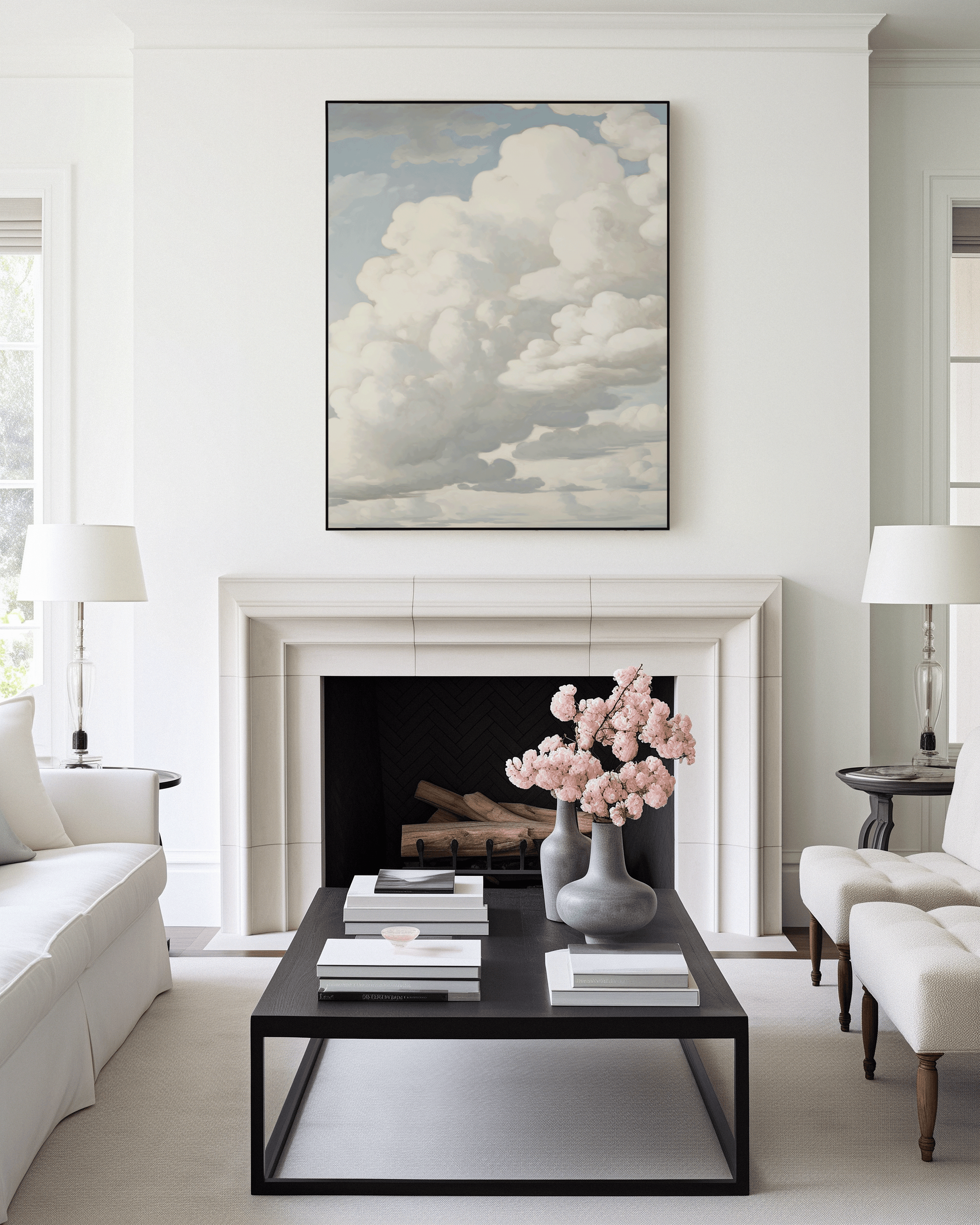 Serene cloudscape painting with airy atmosphere for a beautiful modern living room