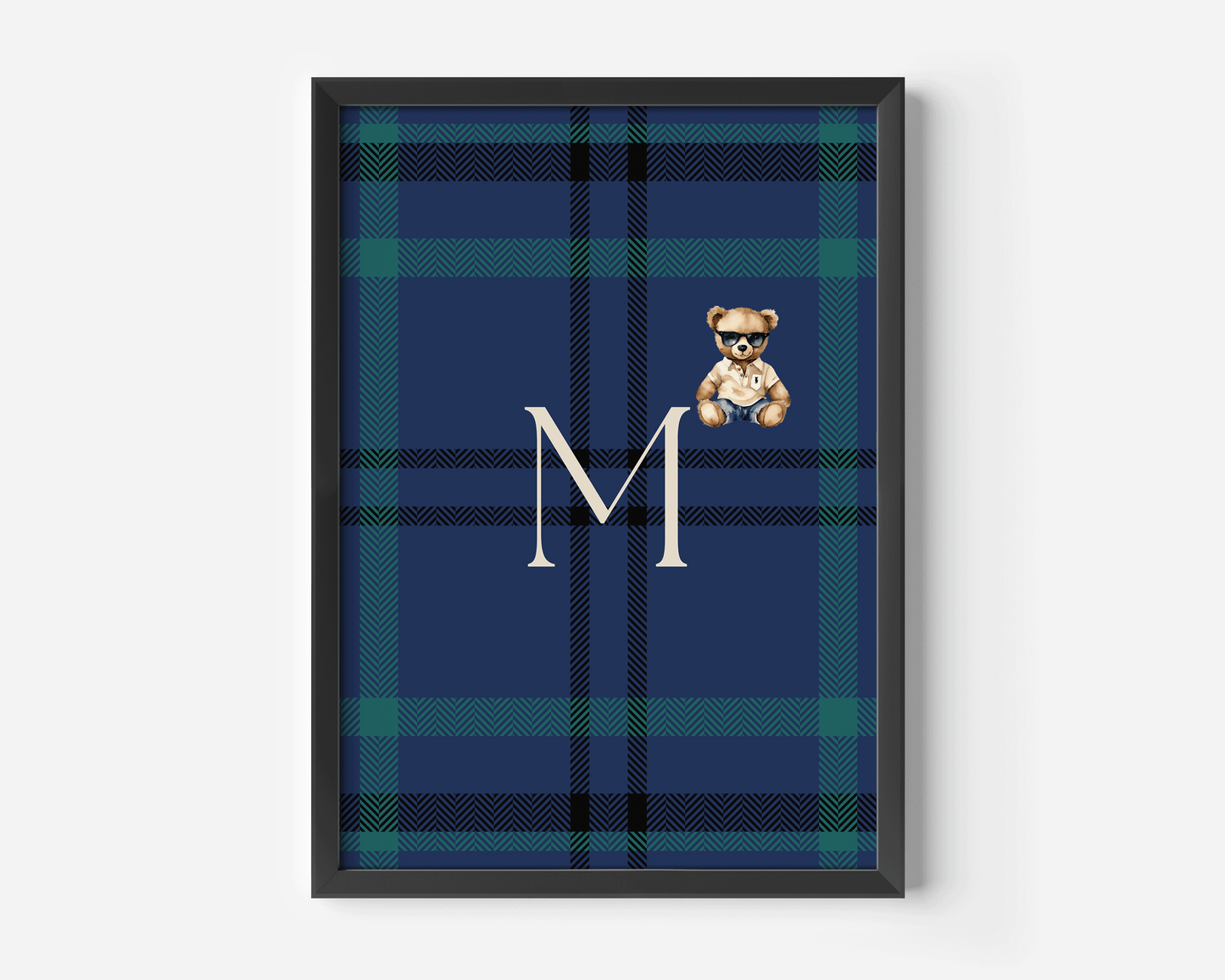 Custom monogram wall art with letter M and stylish teddy bear on navy plaid background
