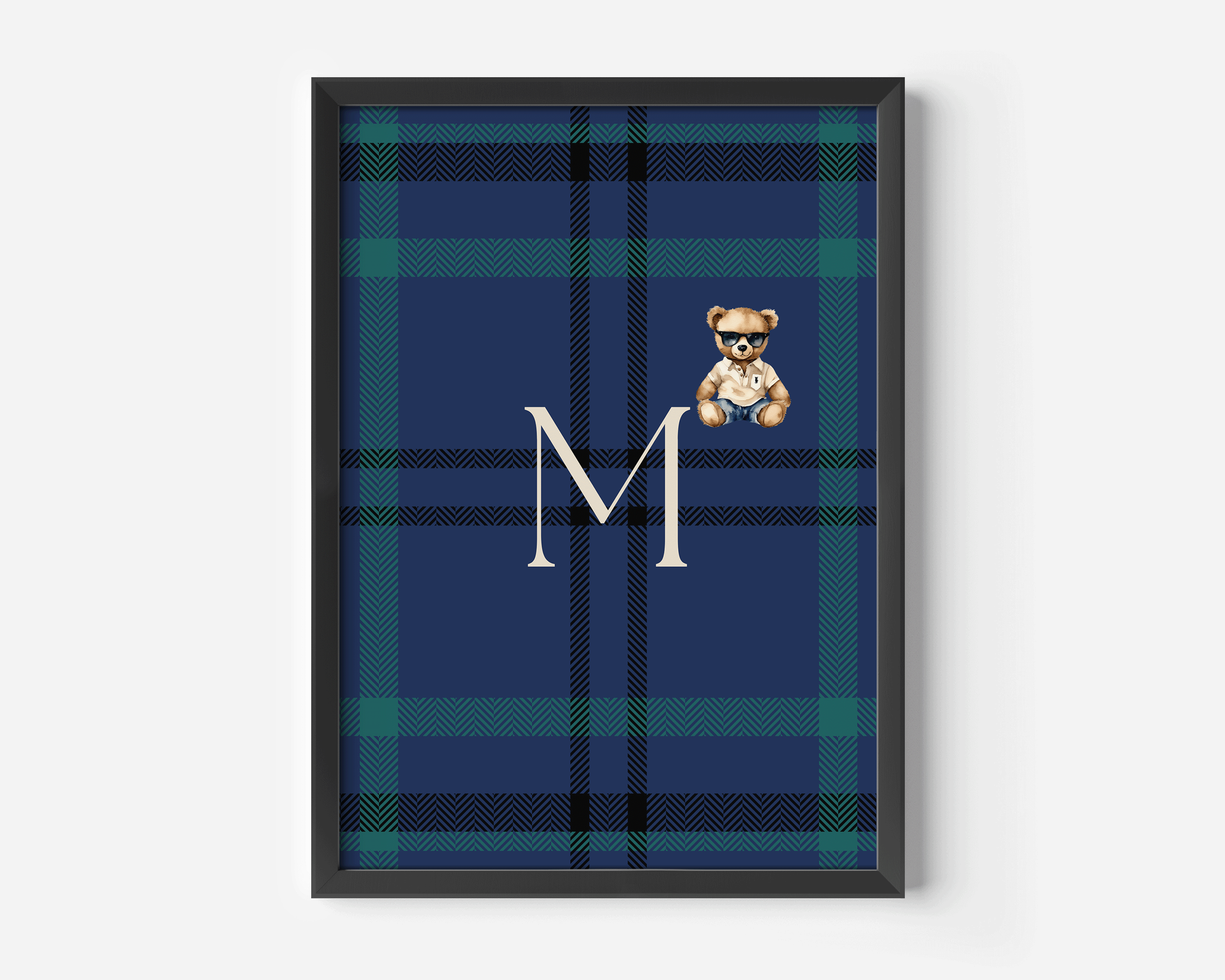 Custom monogram wall art with letter M and stylish teddy bear on navy plaid background